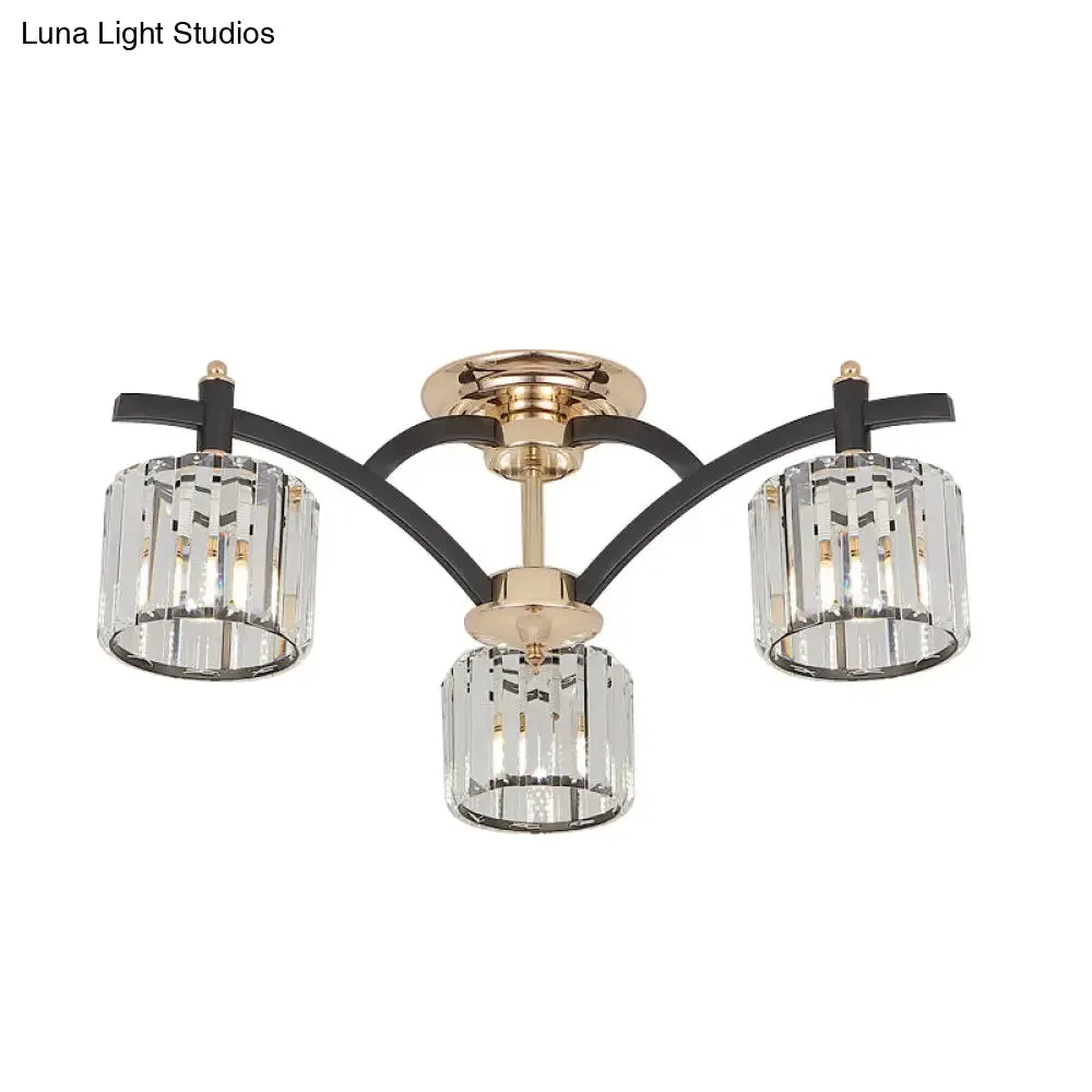 Modern Black & Gold Cylinder Crystal Block Semi Flush Light - Bedroom Ceiling Lamp (3/6 Heads)