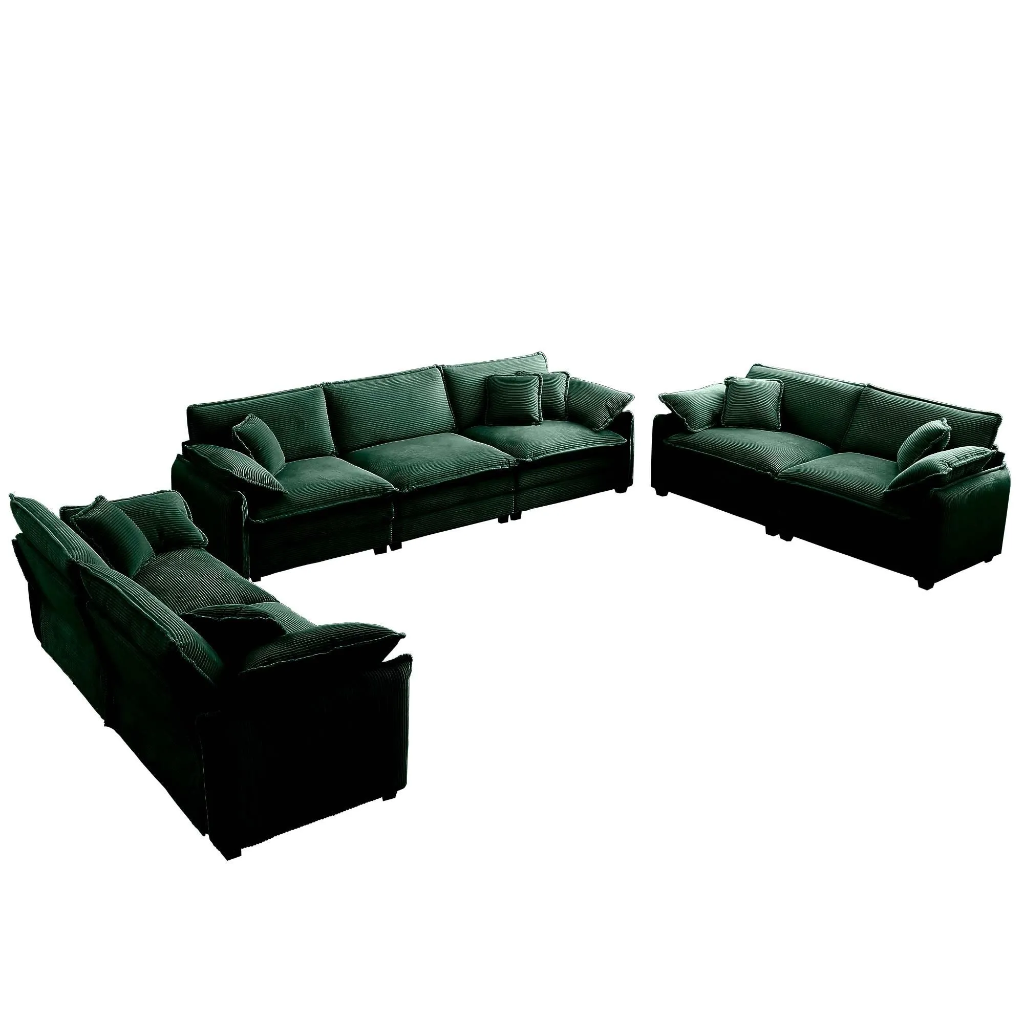 Modern Living Room Sofa 3 Pieces Set, Two 2-Seater Sofas and One 3-Seater Sofas, Upholstery Large Deep Seat Sofa with sofat Cushion and Pillowss,Green Corduroy