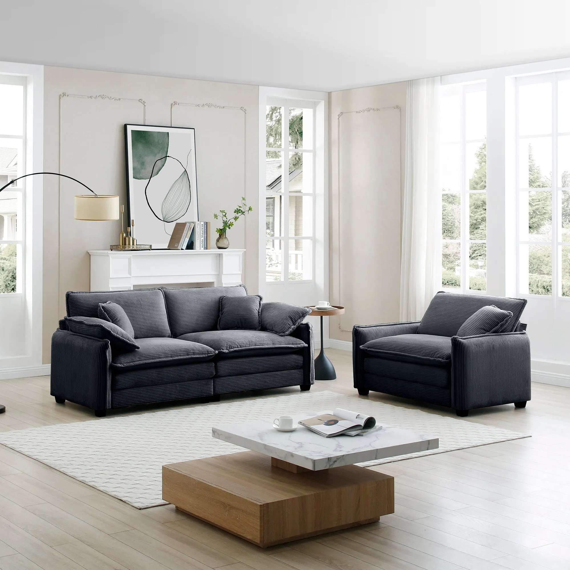 Modern Living Room Sofa Two Pieces Set, Suitable for Living room and Small Apartment , 2 Pieces Sofa Set Consists of a Single Seat Sofa and a 2-Seater Sofas,Grey Corduroy