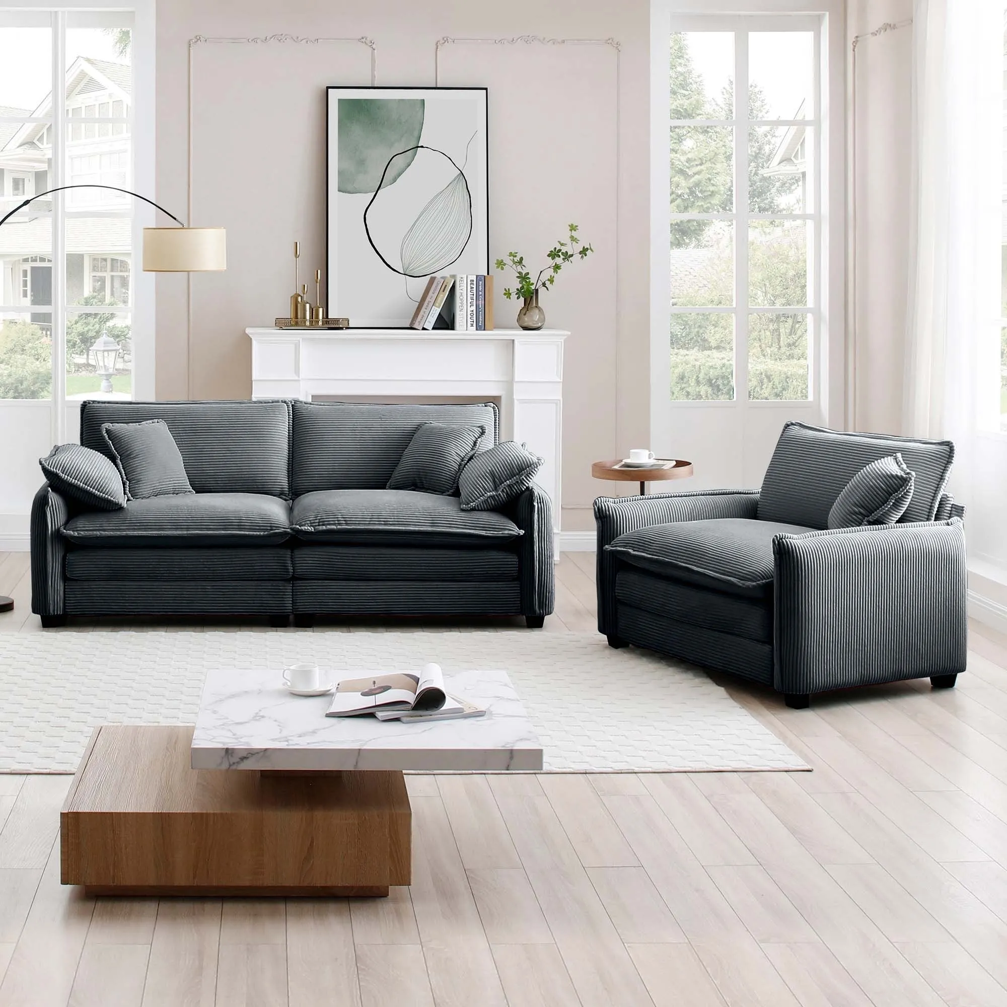 Modern Living Room Sofa Two Pieces Set, Suitable for Living room and Small Apartment , 2 Pieces Sofa Set Consists of a Single Seat Sofa and a 2-Seater Sofas,Grey Corduroy