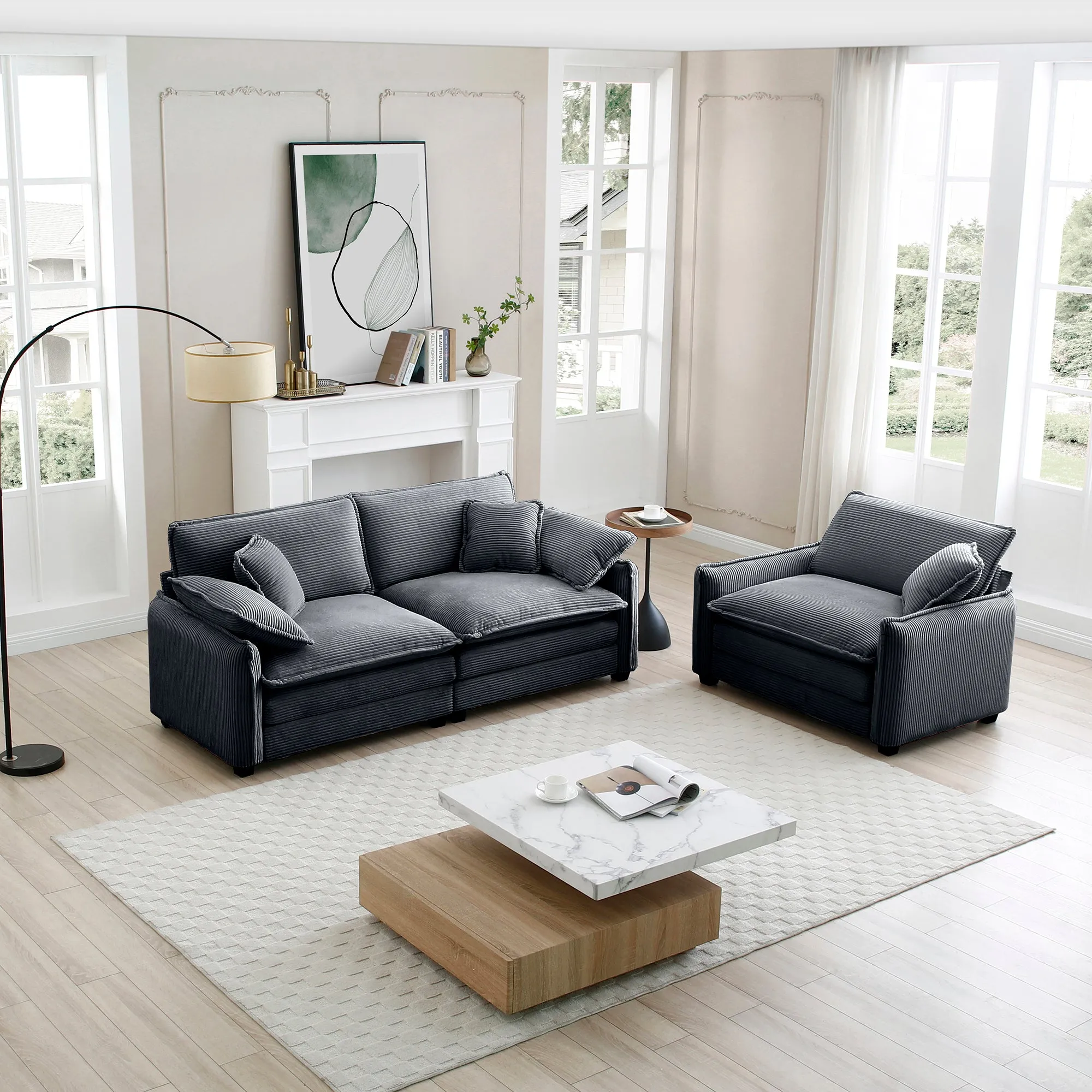 Modern Living Room Sofa Two Pieces Set, Suitable for Living room and Small Apartment , 2 Pieces Sofa Set Consists of a Single Seat Sofa and a 2-Seater Sofas,Grey Corduroy