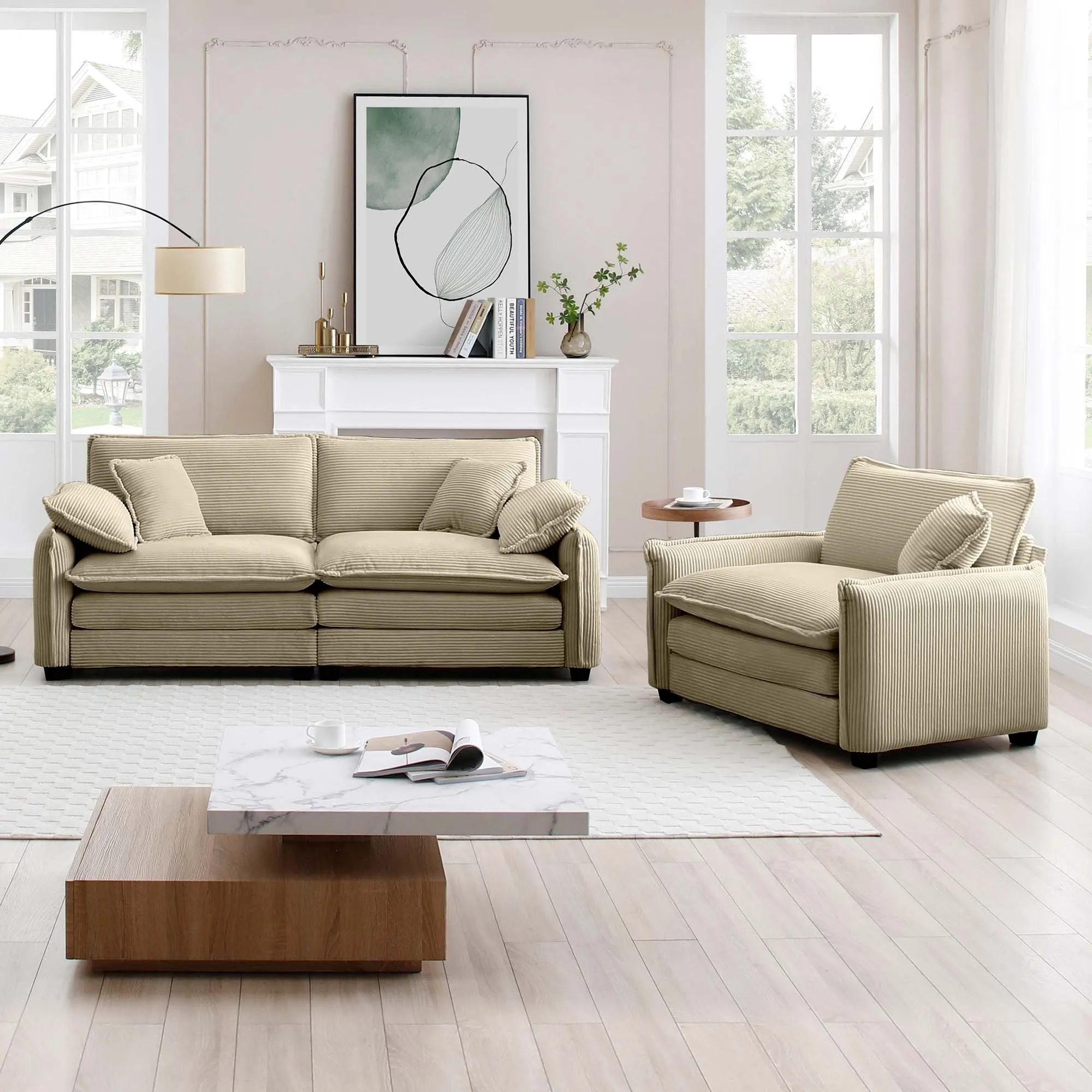 Modern Living Room Sofa Two Pieces Set, Suitable for Living room and Small Apartment , 2 Pieces Sofa Set Consists of a Single Seat Sofa and a 2-Seater Sofas,Tan Corduroy