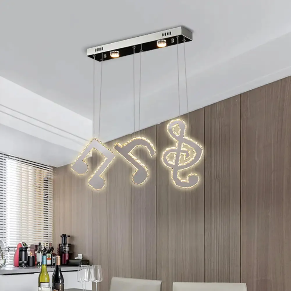 Modern Stainless Steel LED Pendant Light with Clear Crystals and Musical Note Suspension