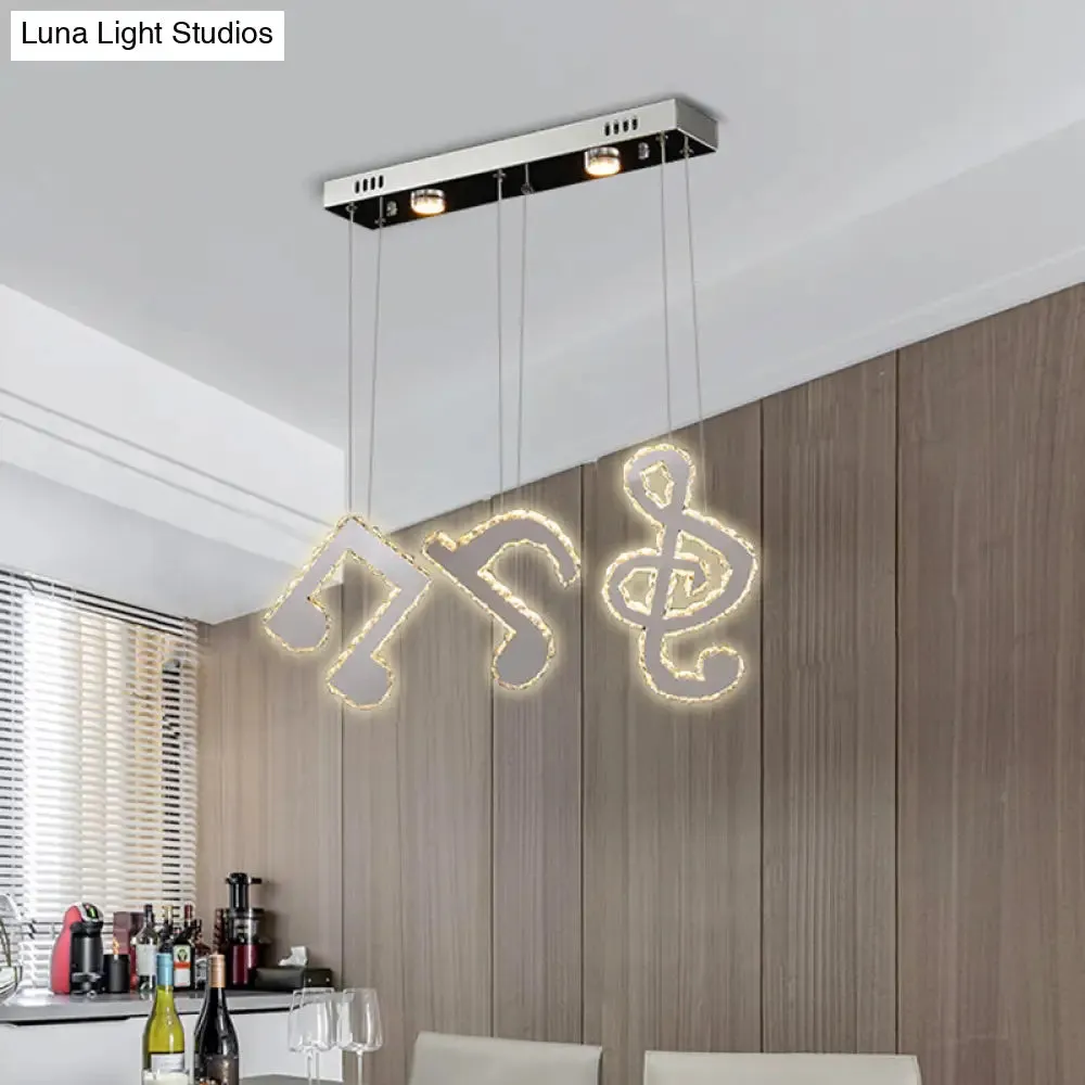 Modern Stainless Steel LED Pendant Light with Clear Crystals and Musical Note Suspension