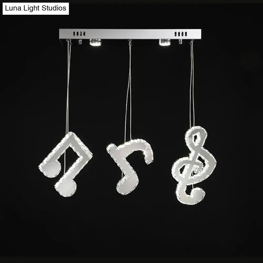 Modern Stainless Steel LED Pendant Light with Clear Crystals and Musical Note Suspension