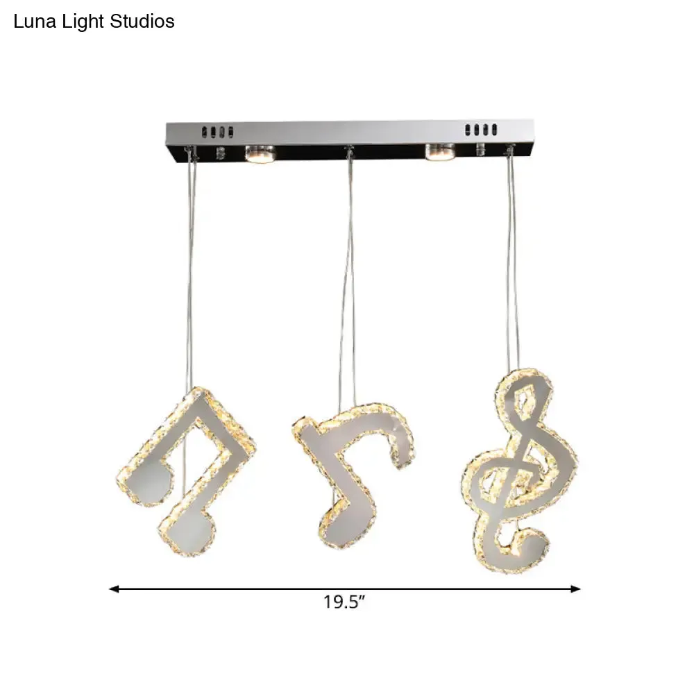 Modern Stainless Steel LED Pendant Light with Clear Crystals and Musical Note Suspension