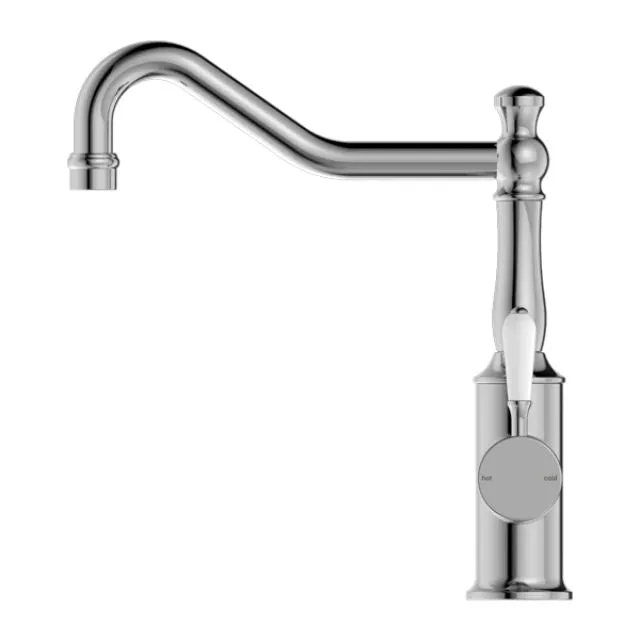 Nero York Kitchen Mixer Hook Spout With White Porcelain Lever Chrome