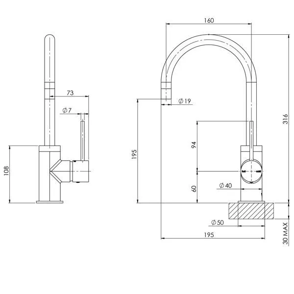 Phoenix Vivid Slimline Side Lever Sink Mixer 160mm Gooseneck-Matte Black