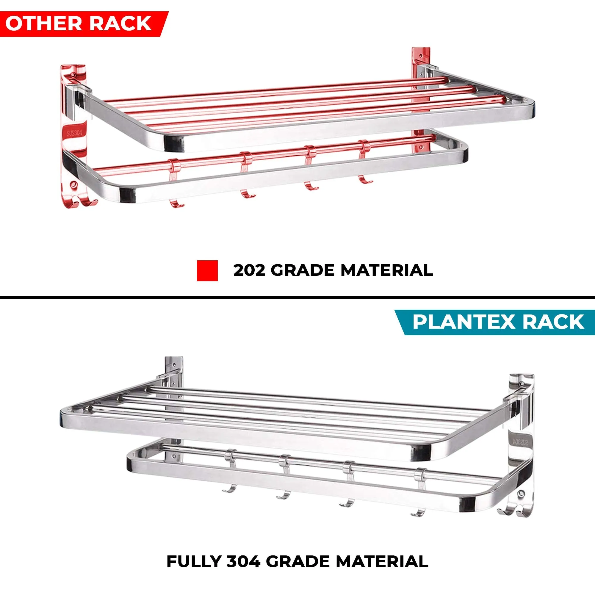 Plantex Bathroom Accessories-Stainless Steel 304 Grade Dual Folding Towel Rack for Bathroom/Towel Stand/Hanger/Bathroom Organizer (24 Inch-Chrome)