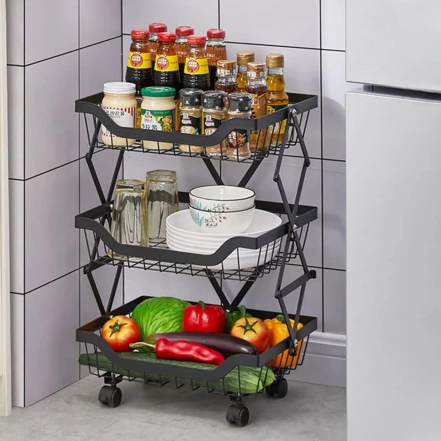 Plantex Kitchen Trolley with Wheels/Fruit Trolley for Kitchen/Vegetables Rack for Kitchen/Vegetable Basket for Kitchen Steel/Rust-Resistant/Unbreakable (3 Layer)