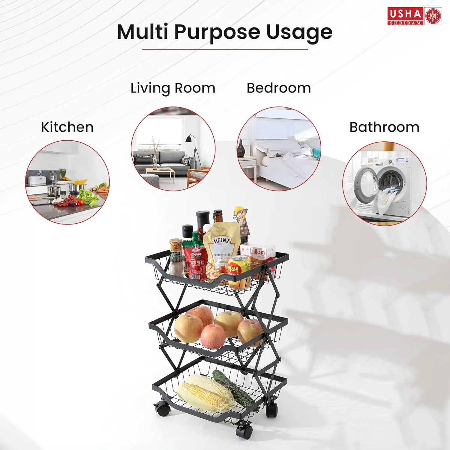 Plantex Kitchen Trolley with Wheels/Fruit Trolley for Kitchen/Vegetables Rack for Kitchen/Vegetable Basket for Kitchen Steel/Rust-Resistant/Unbreakable (3 Layer)