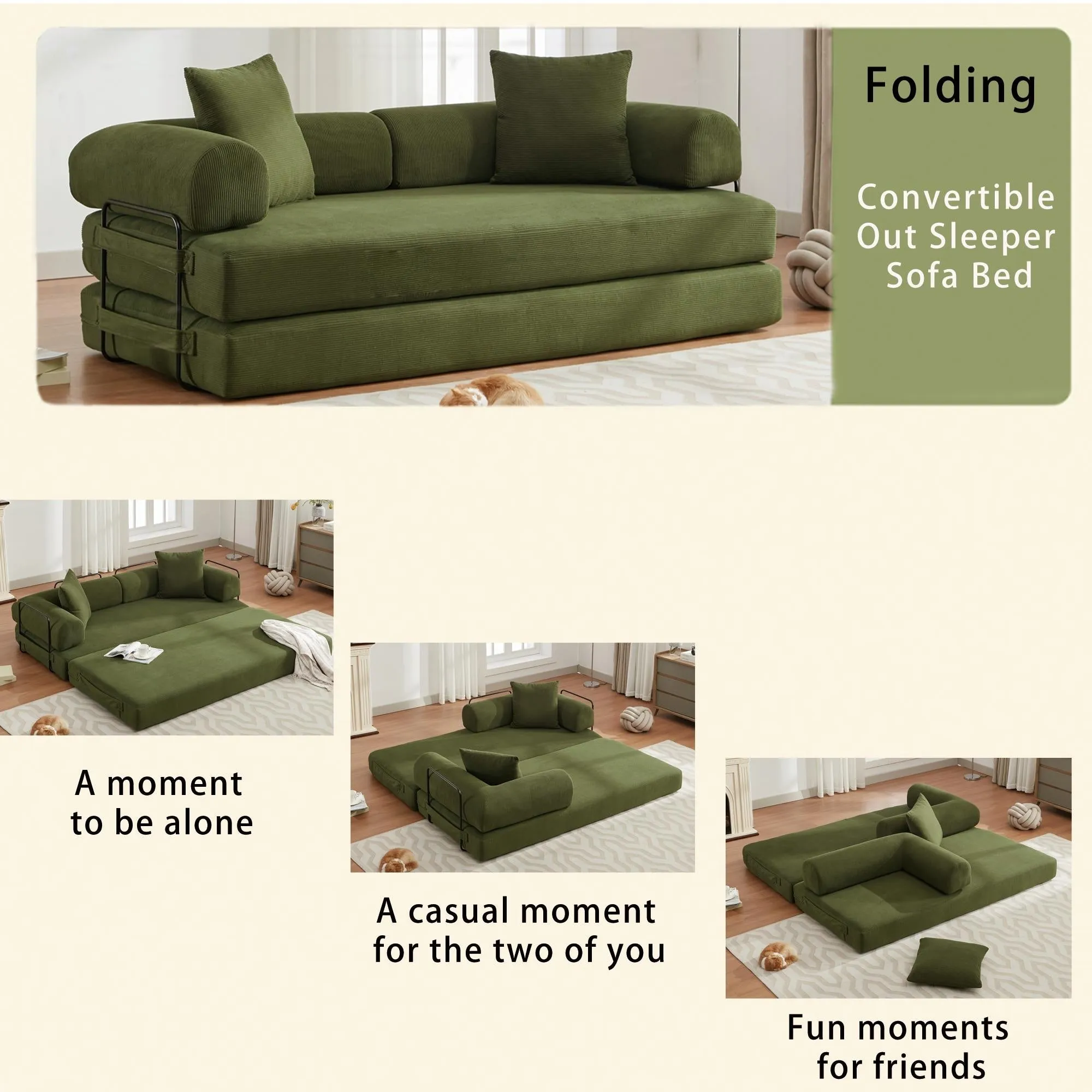 "4-in-1 Convertible Sleeper Sofa, 78.5'' Corduroy Foldable Sofa Bed with Pillows, No Assembly Required"