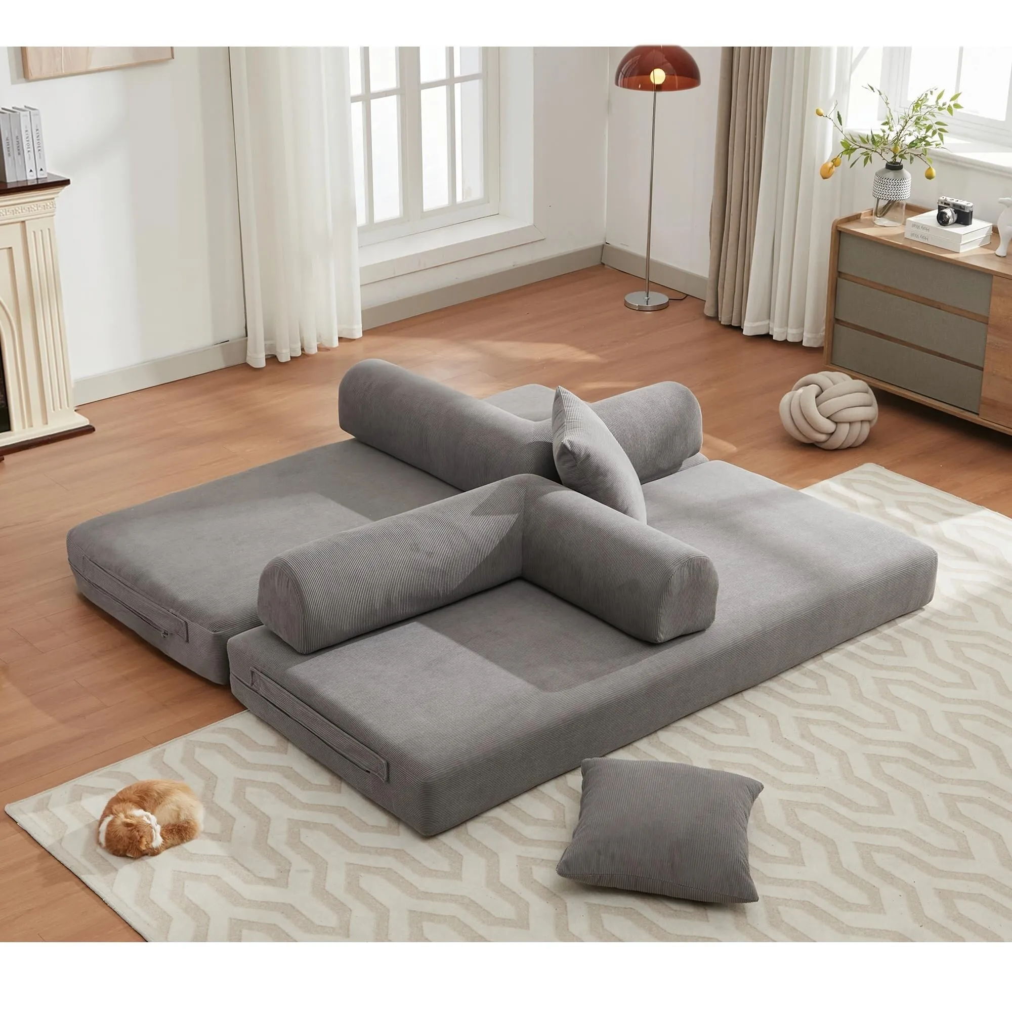 "4-in-1 Convertible Sleeper Sofa, 78.5'' Corduroy Foldable Sofa Bed with Pillows, No Assembly Required"