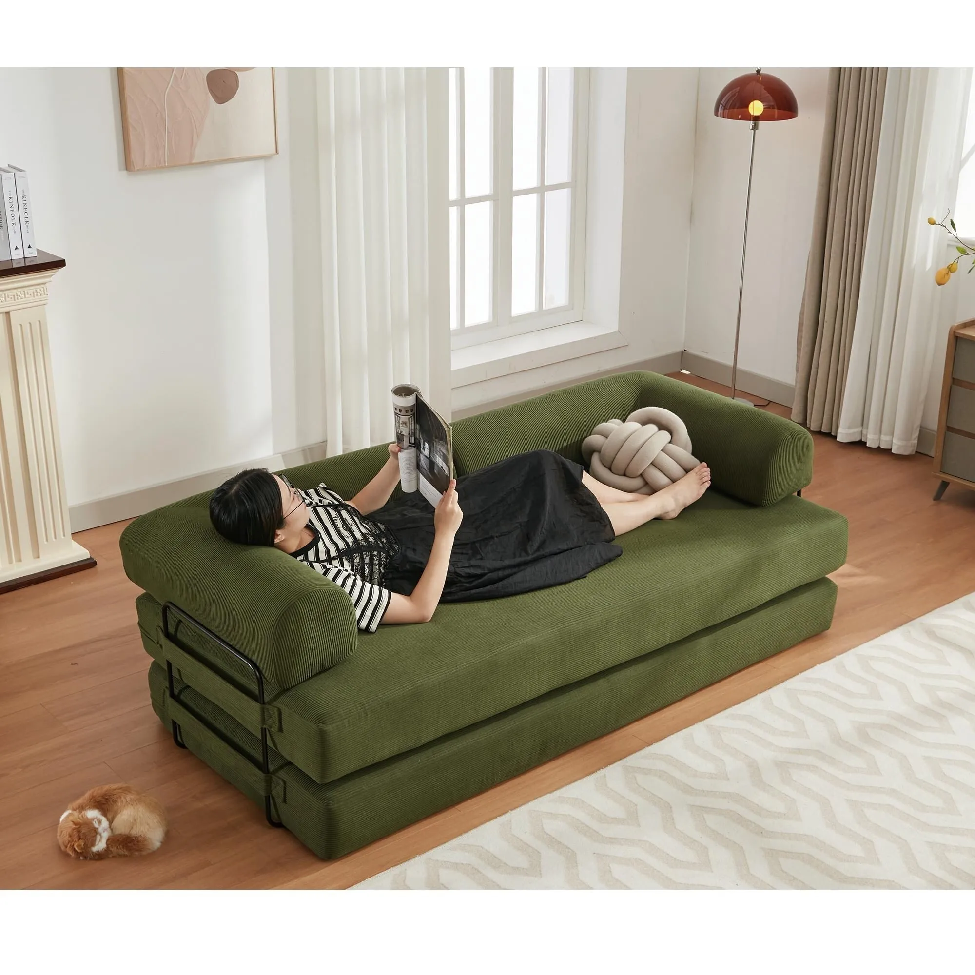 "4-in-1 Convertible Sleeper Sofa, 78.5'' Corduroy Foldable Sofa Bed with Pillows, No Assembly Required"