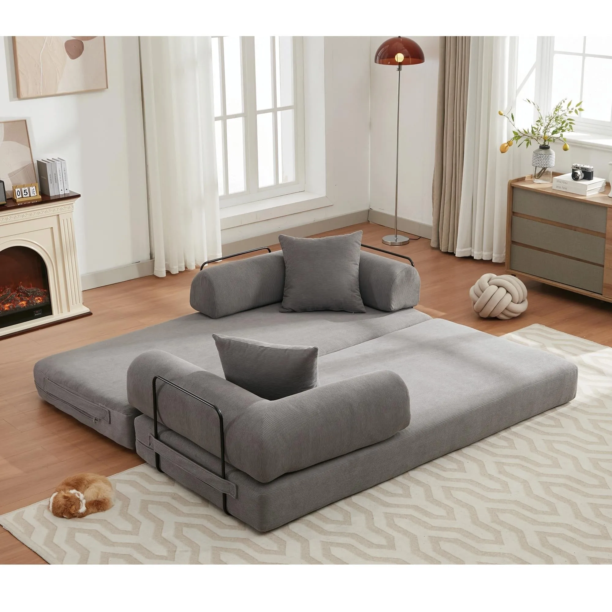 "4-in-1 Convertible Sleeper Sofa, 78.5'' Corduroy Foldable Sofa Bed with Pillows, No Assembly Required"