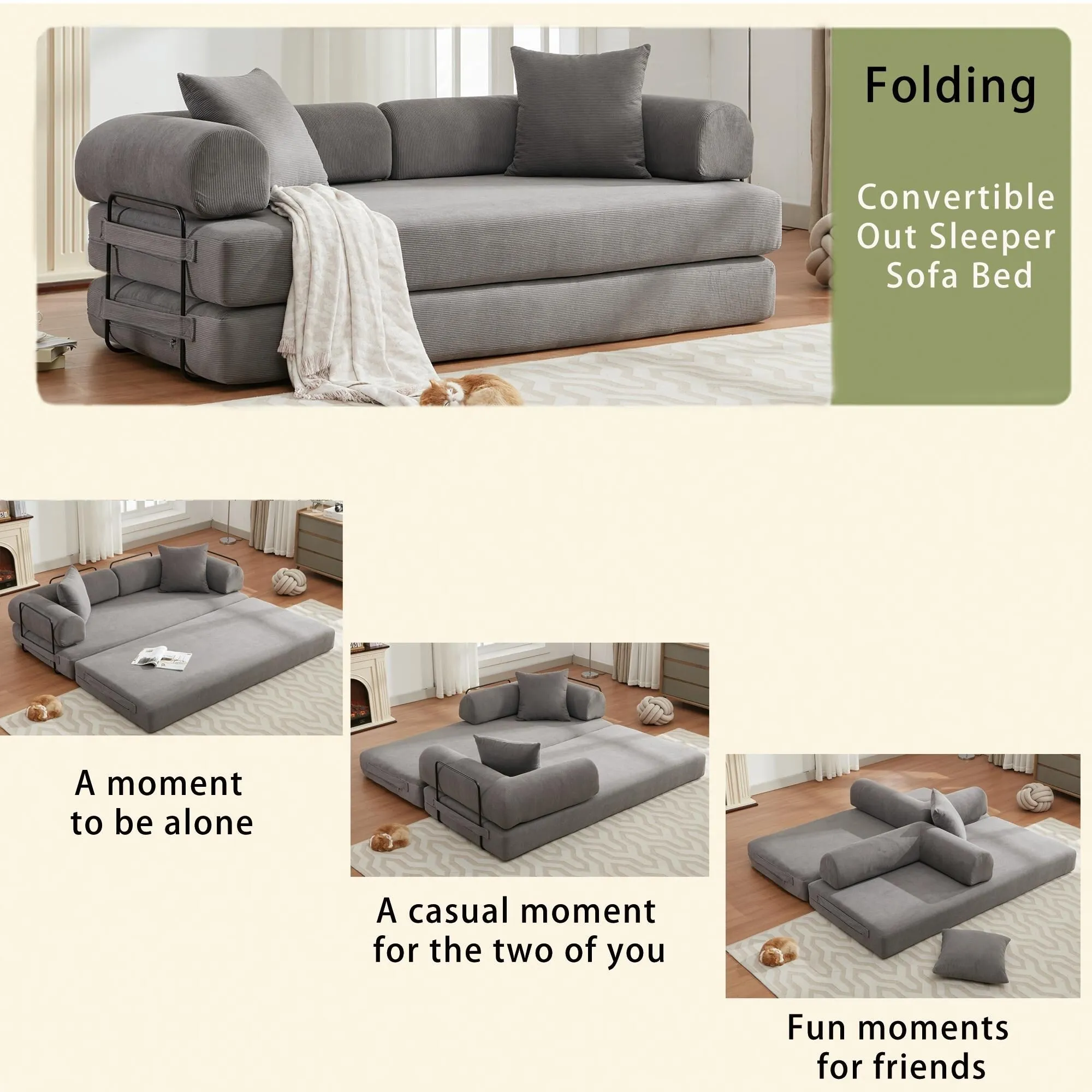 "4-in-1 Convertible Sleeper Sofa, 78.5'' Corduroy Foldable Sofa Bed with Pillows, No Assembly Required"