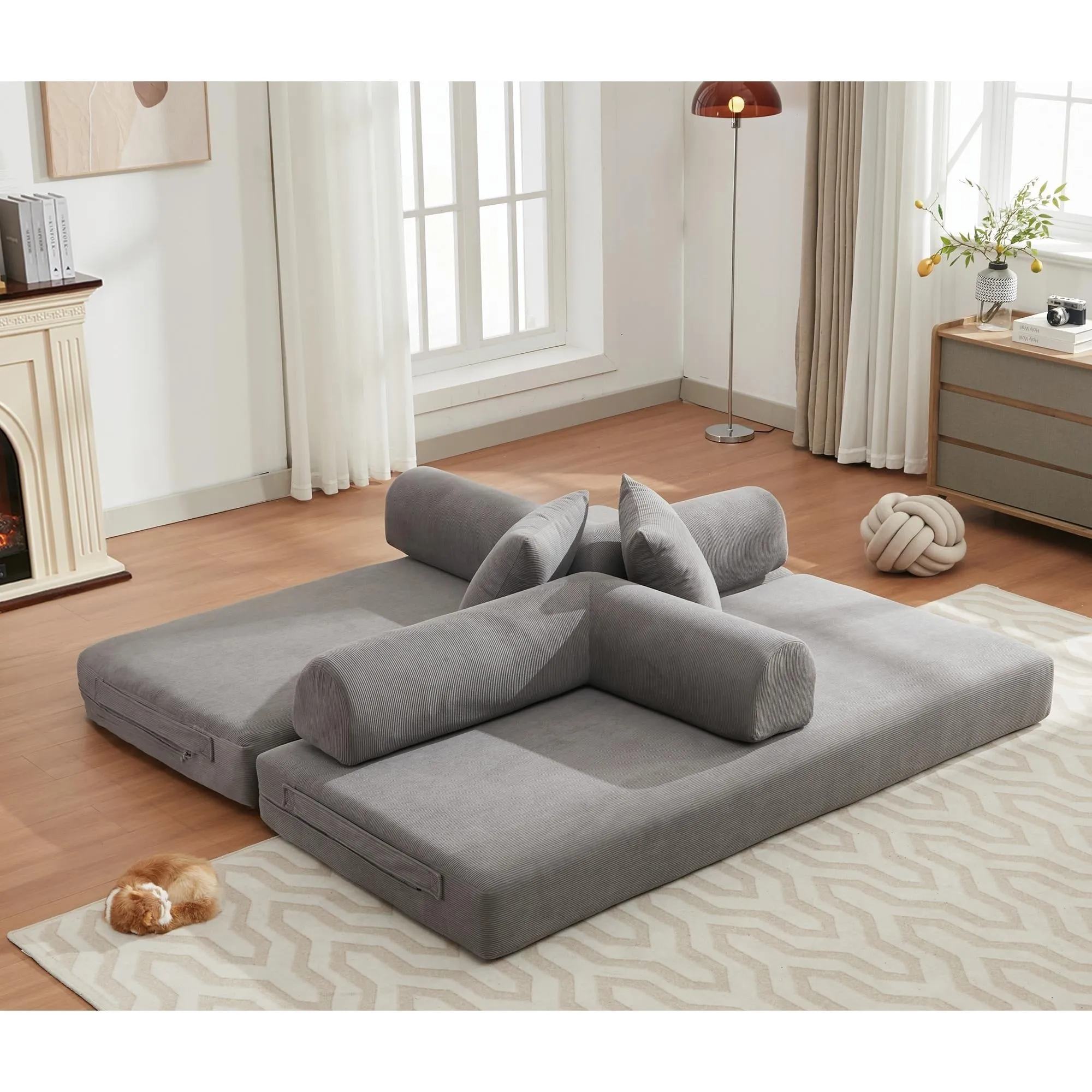 "4-in-1 Convertible Sleeper Sofa, 78.5'' Corduroy Foldable Sofa Bed with Pillows, No Assembly Required"