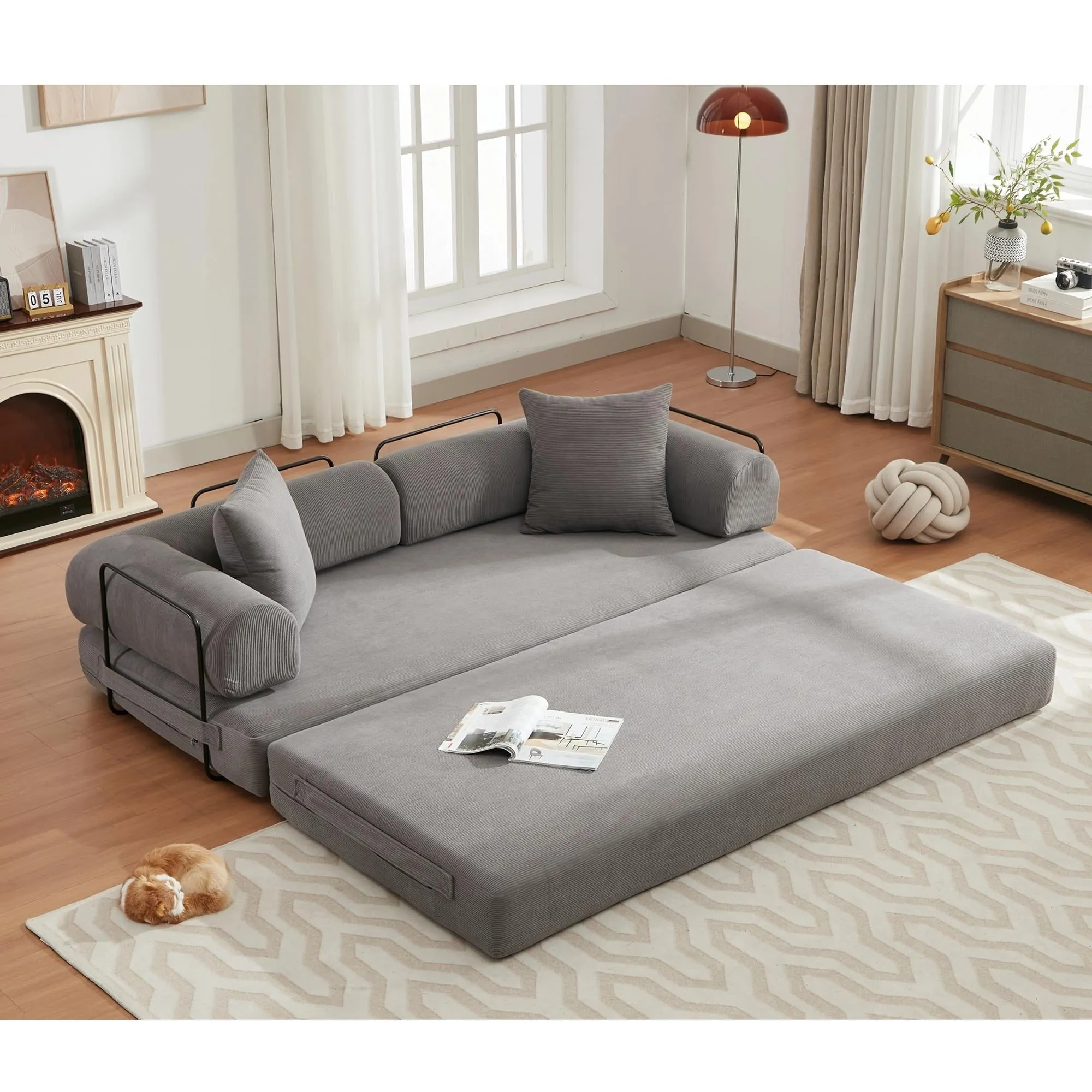 "4-in-1 Convertible Sleeper Sofa, 78.5'' Corduroy Foldable Sofa Bed with Pillows, No Assembly Required"