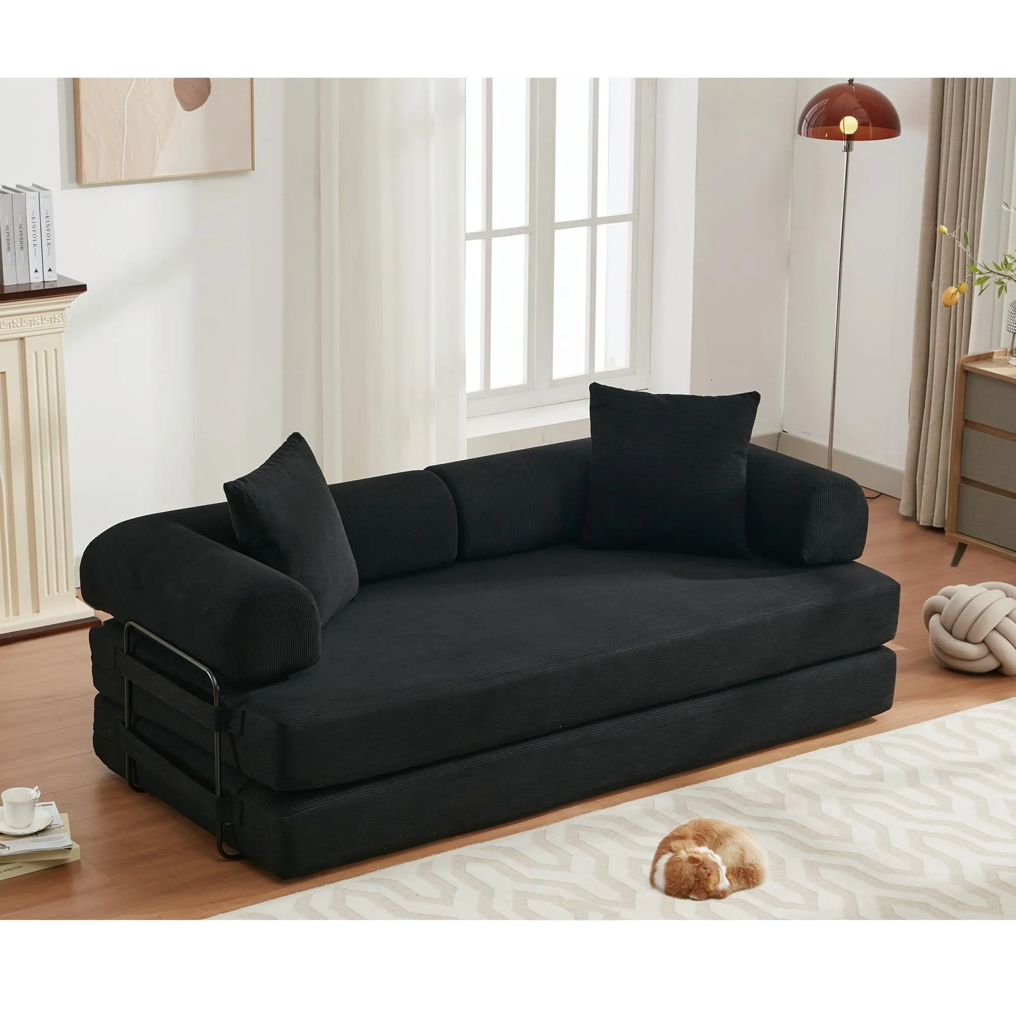 "4-in-1 Convertible Sleeper Sofa, 78.5'' Corduroy Foldable Sofa Bed with Pillows, No Assembly Required"