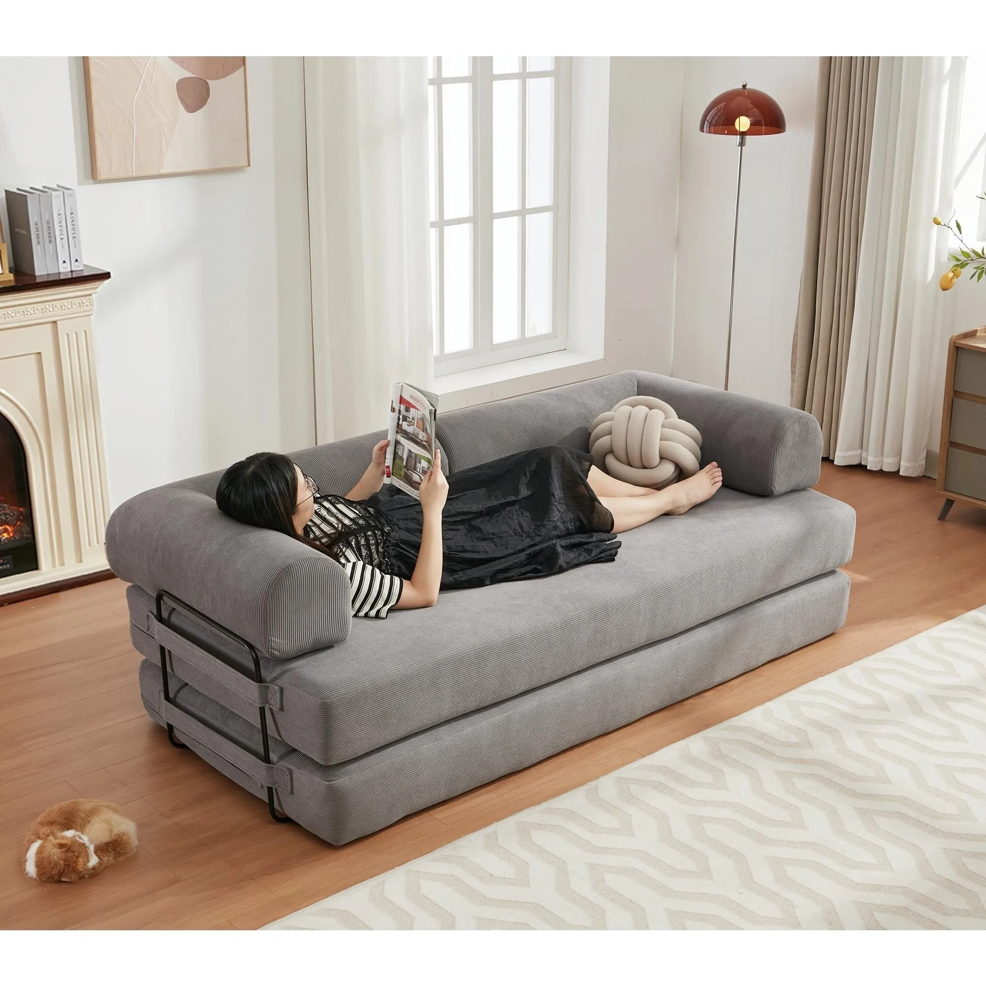 "4-in-1 Convertible Sleeper Sofa, 78.5'' Corduroy Foldable Sofa Bed with Pillows, No Assembly Required"