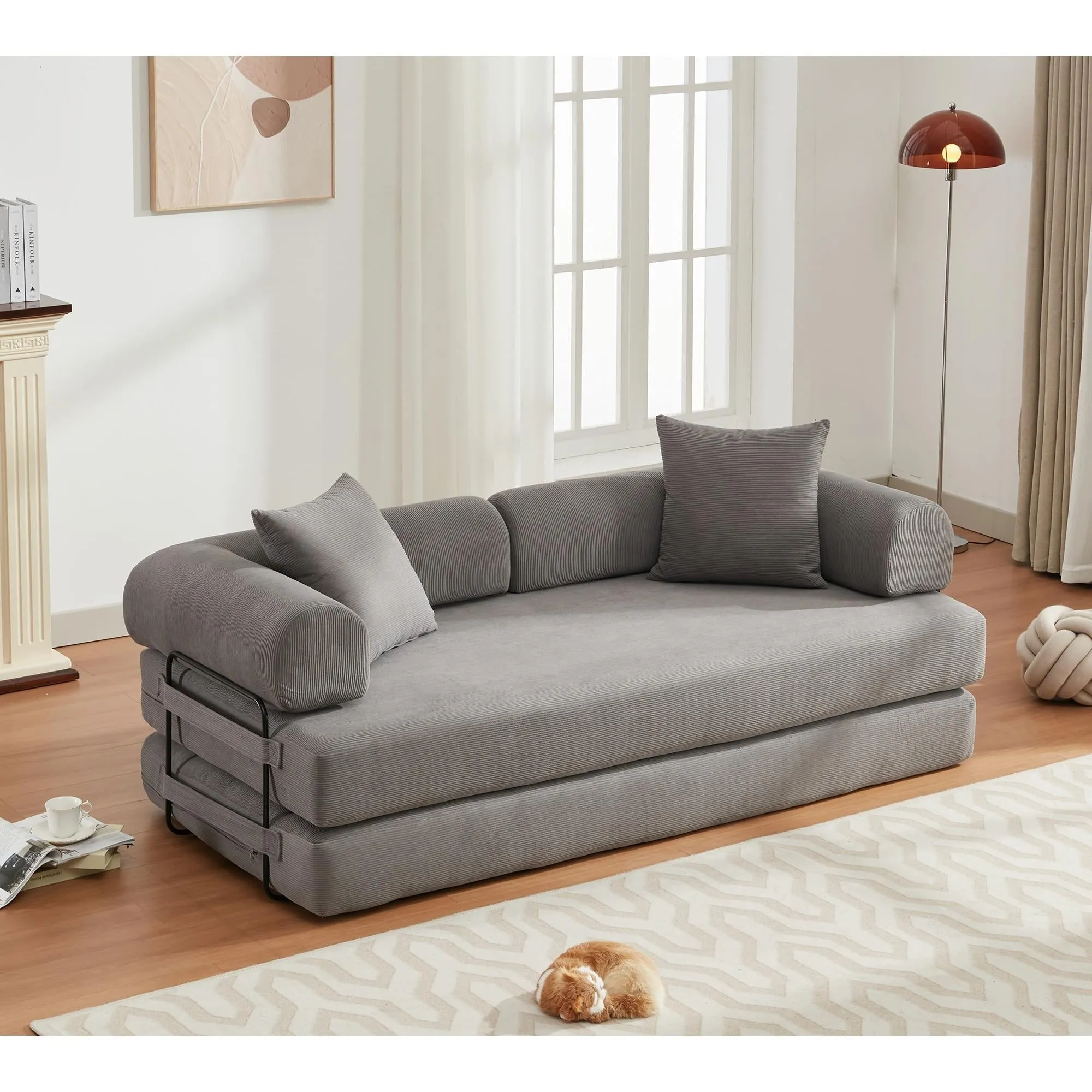 "4-in-1 Convertible Sleeper Sofa, 78.5'' Corduroy Foldable Sofa Bed with Pillows, No Assembly Required"