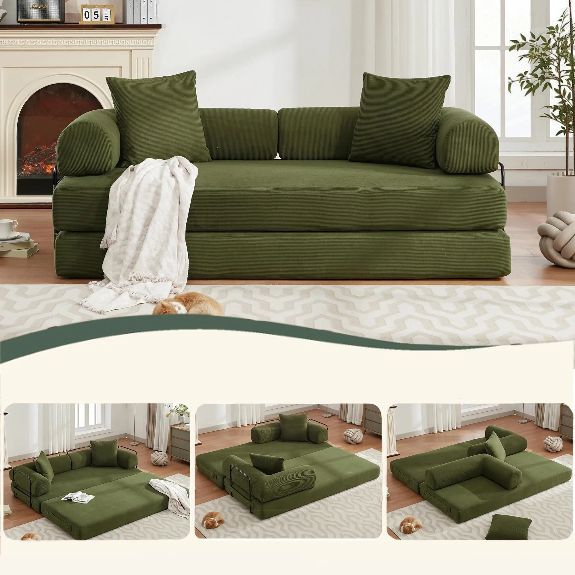 "4-in-1 Convertible Sleeper Sofa, 78.5'' Corduroy Foldable Sofa Bed with Pillows, No Assembly Required"