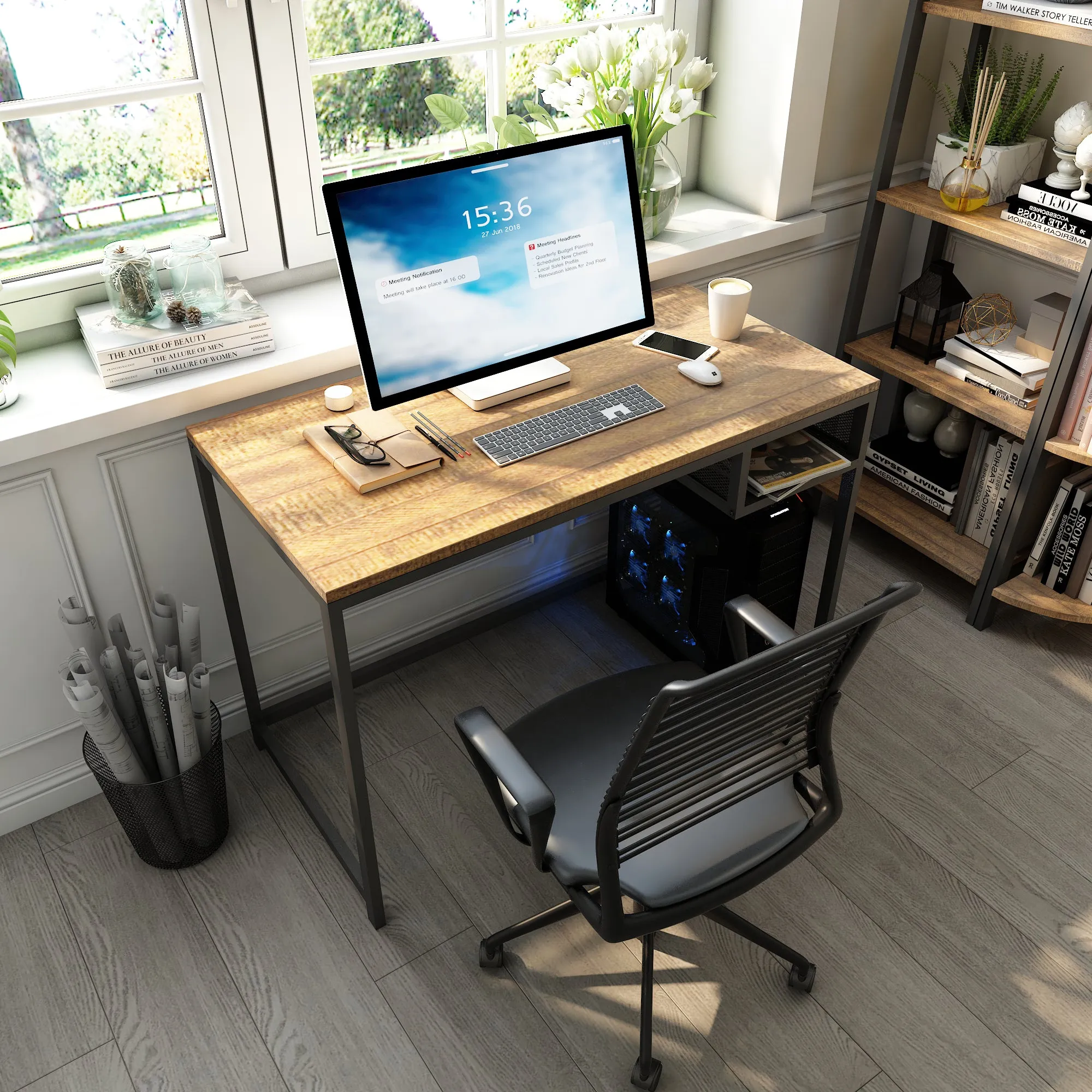 Retro Industrial Computer Table, Basic Type, with Storage Grid