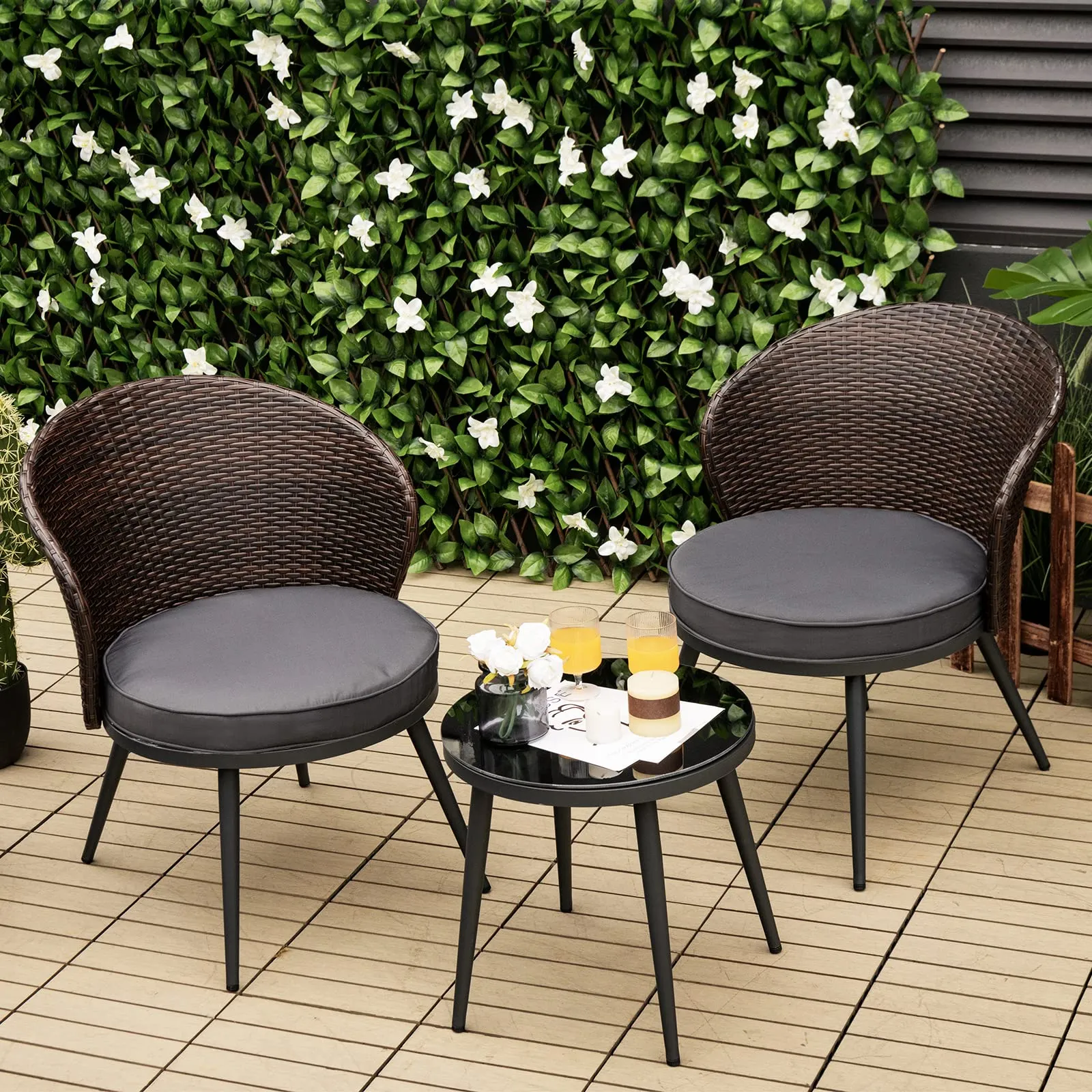 Tangkula 3 Piece Patio Rattan Bistro Set W/ 2 Seat Cushions, Tempered Glass Tabletop (Gray)