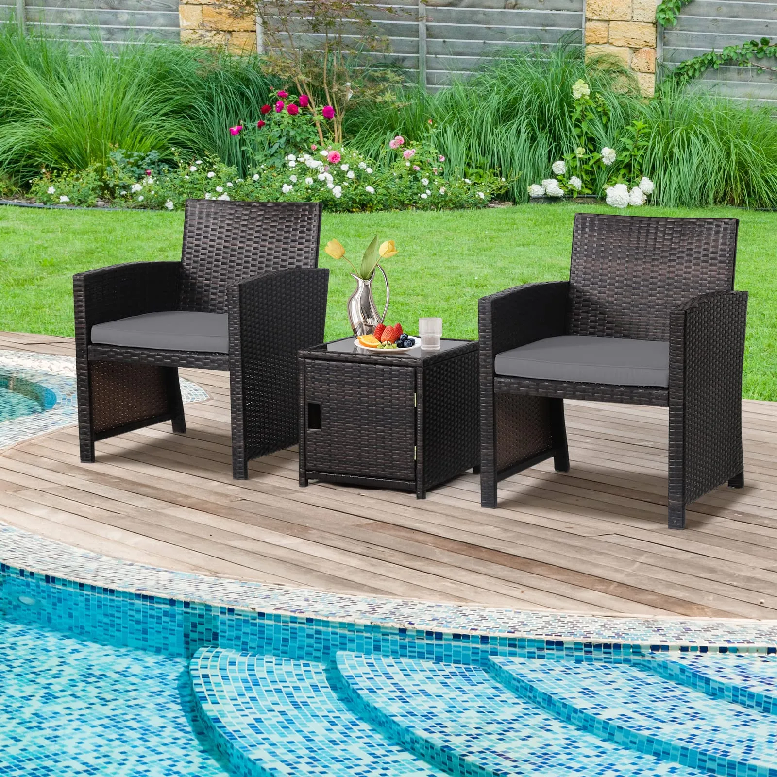 Tangkula 3 Pieces Outdoor PE Wicker Bistro Set with Waterproof Cover