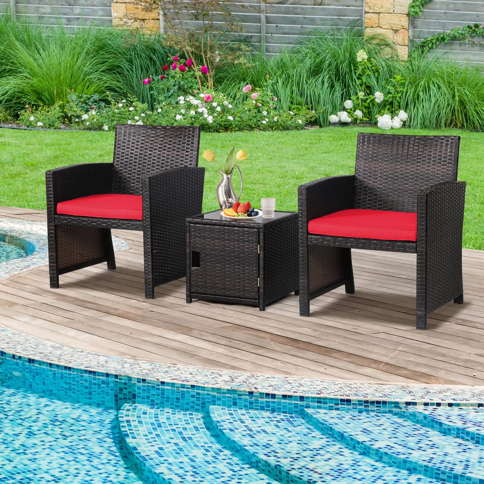 Tangkula 3 Pieces Outdoor PE Wicker Bistro Set with Waterproof Cover