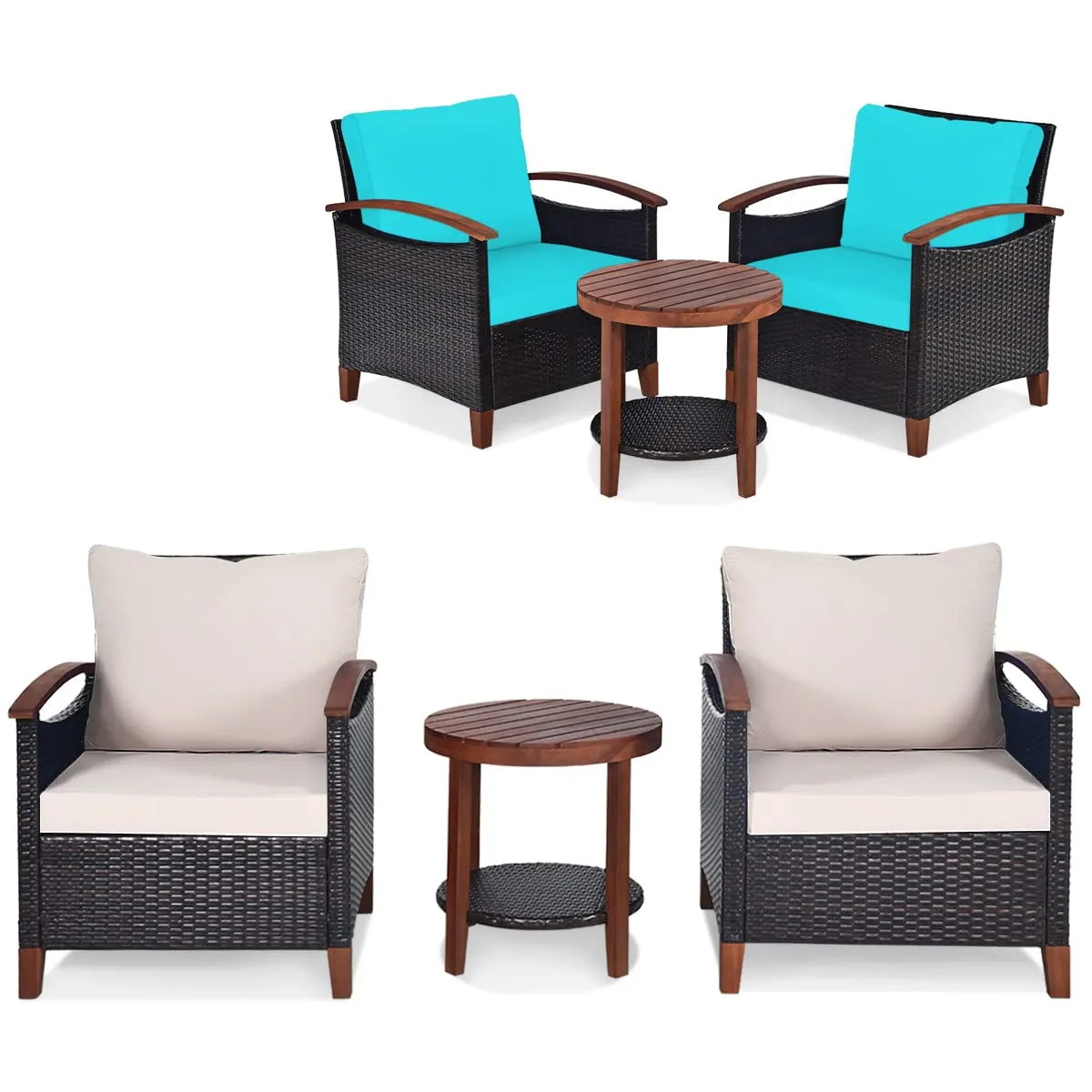 Tangkula 3 Pieces Patio Rattan Furniture Set, Outdoor Wicker Sofa Set w/Washable Cushion and Acacia Wood Tabletop