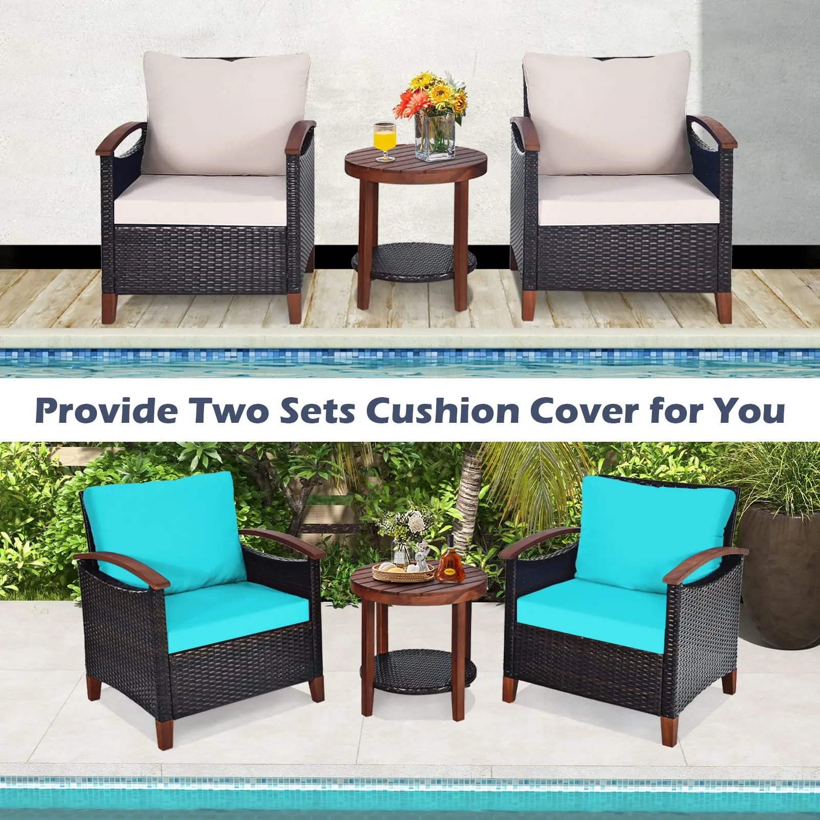 Tangkula 3 Pieces Patio Rattan Furniture Set, Outdoor Wicker Sofa Set w/Washable Cushion and Acacia Wood Tabletop