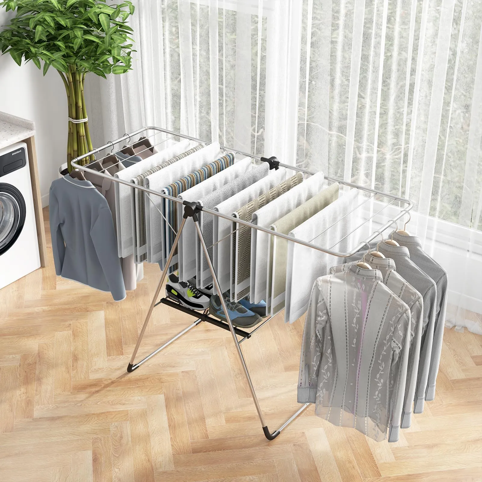 Tangkula Collapsible Clothes Drying Rack, 2-Level Folding Aluminum Drying Rack