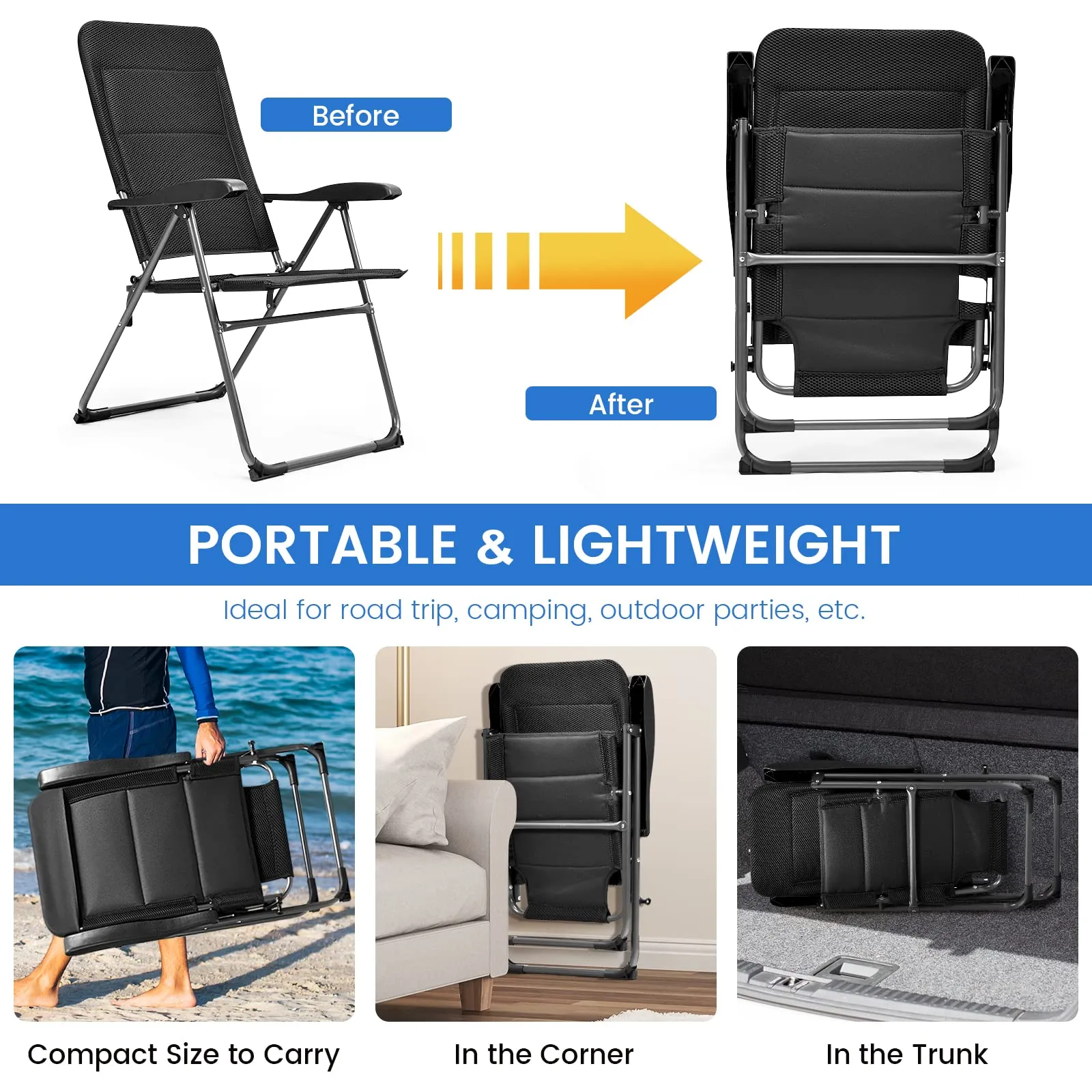 Tangkula Patio Chairs Set of 2, Folding Patio Dining Chairs with 7 Adjustable Backrest Positions