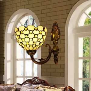 Tiffany Stained Glass Beige Bowl Sconce Lamp with Crystal Bead: Wall Light