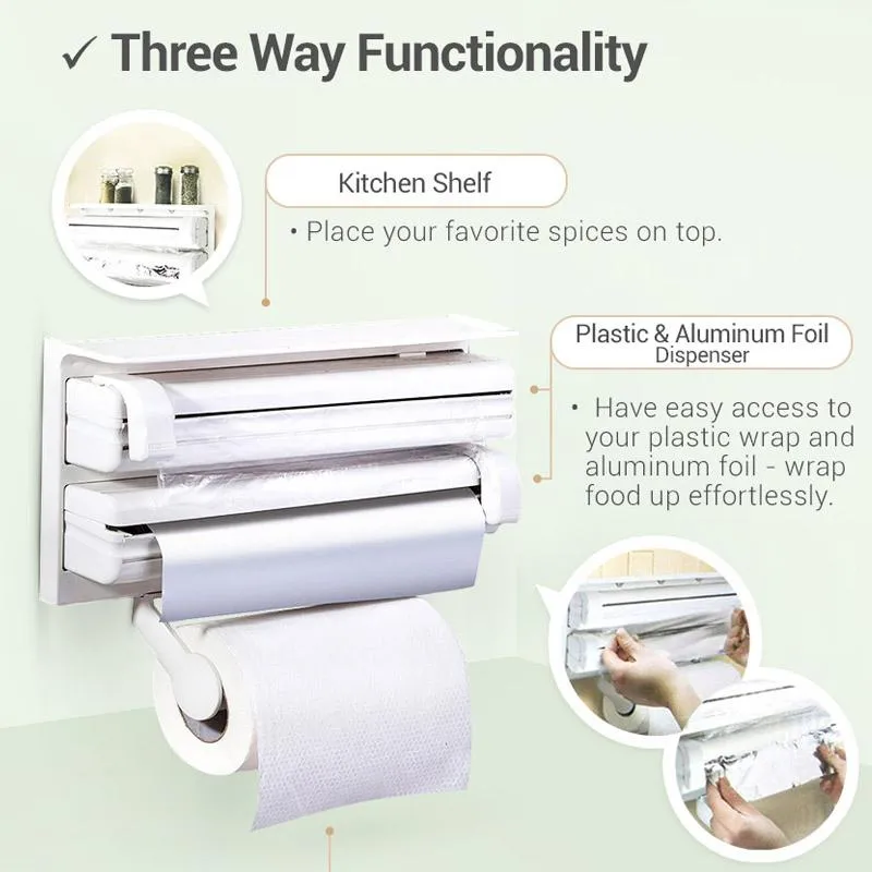 Triple Paper Dispenser Cling Film Wrap Aluminum Foil & Kitchen Roll - White