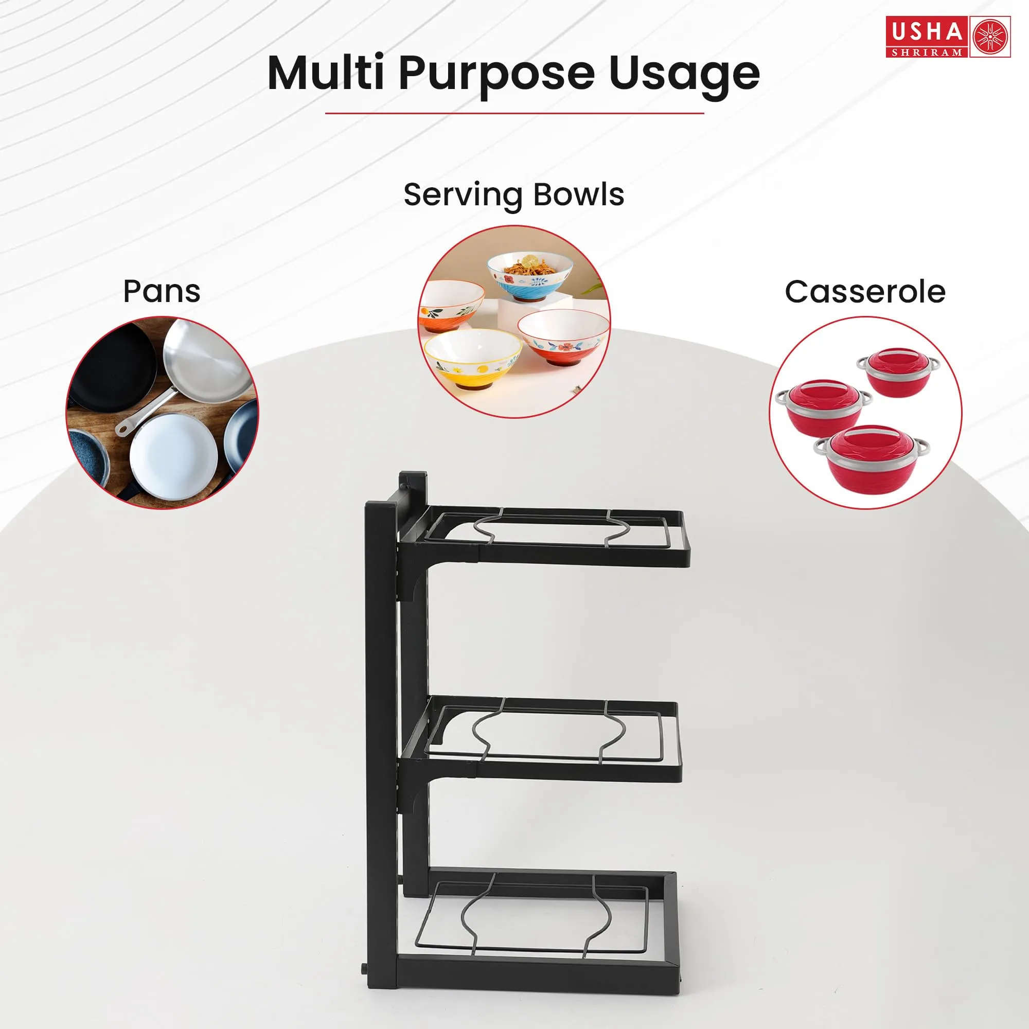 USHA SHRIRAM Carbon Steel | Dish Organiser For Kitchen | Kitchen Side Rack Organiser | Kadai Pan Organiser Rack For Kitchen | Kitchen Appliances Organiser | itchen Shelf Organiser (Pack of 2, 3 Layer)