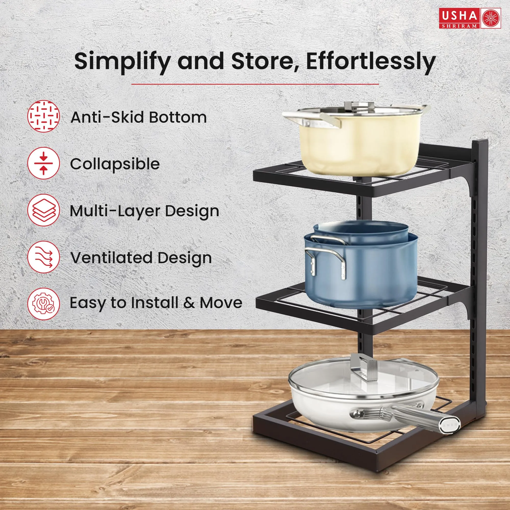 USHA SHRIRAM Carbon Steel | Dish Organiser For Kitchen | Kitchen Side Rack Organiser | Kadai Pan Organiser Rack For Kitchen | Kitchen Appliances Organiser | itchen Shelf Organiser (Pack of 2, 3 Layer)