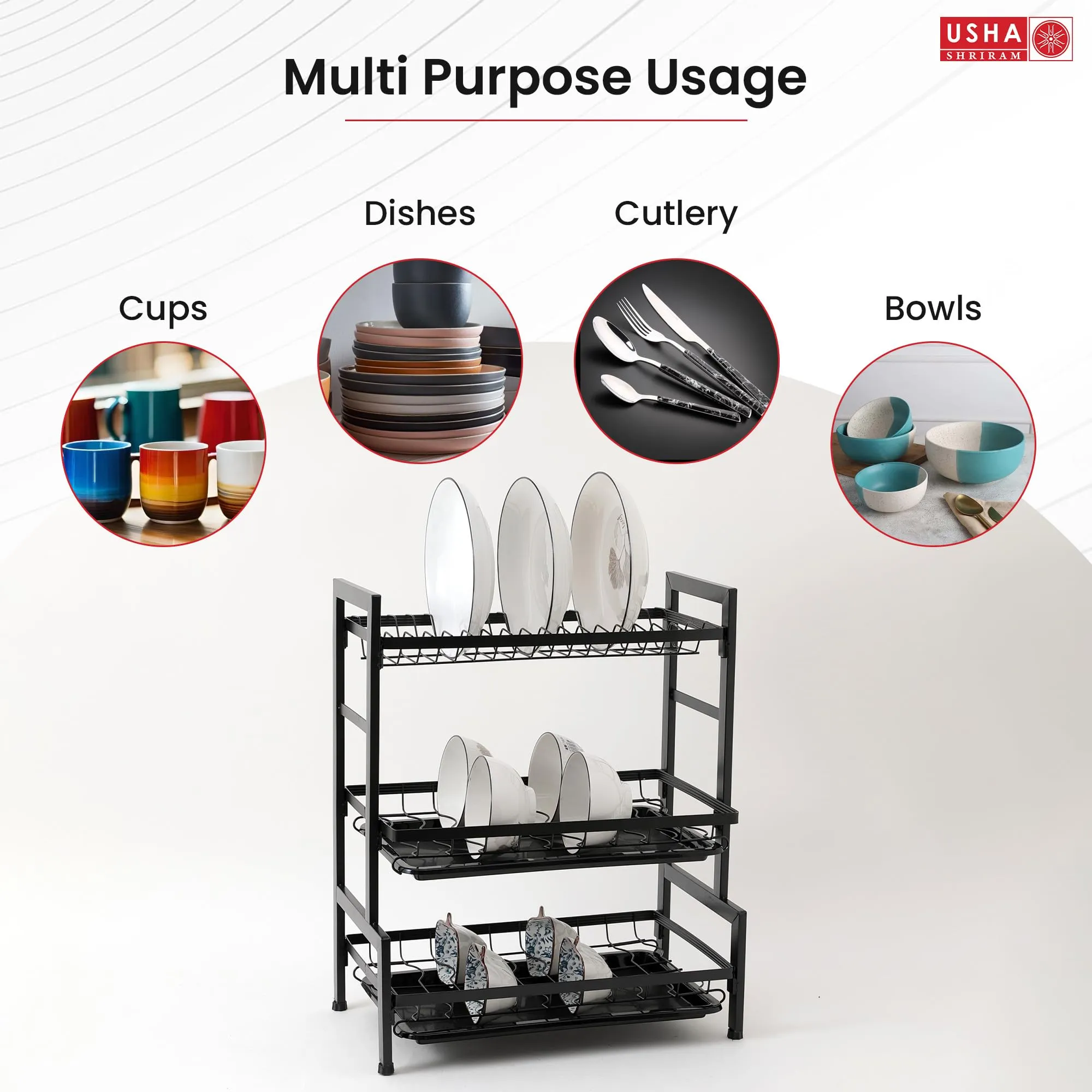 USHA SHRIRAM Plate Bowl Holder Sink Organiser in Kitchen | Kitchen Organiser Rack | Utensil Dish Organiser for Kitchen with Spoon Knife Holder Hooks (3 Layer Plate Bowl Holder, Pack of 3)