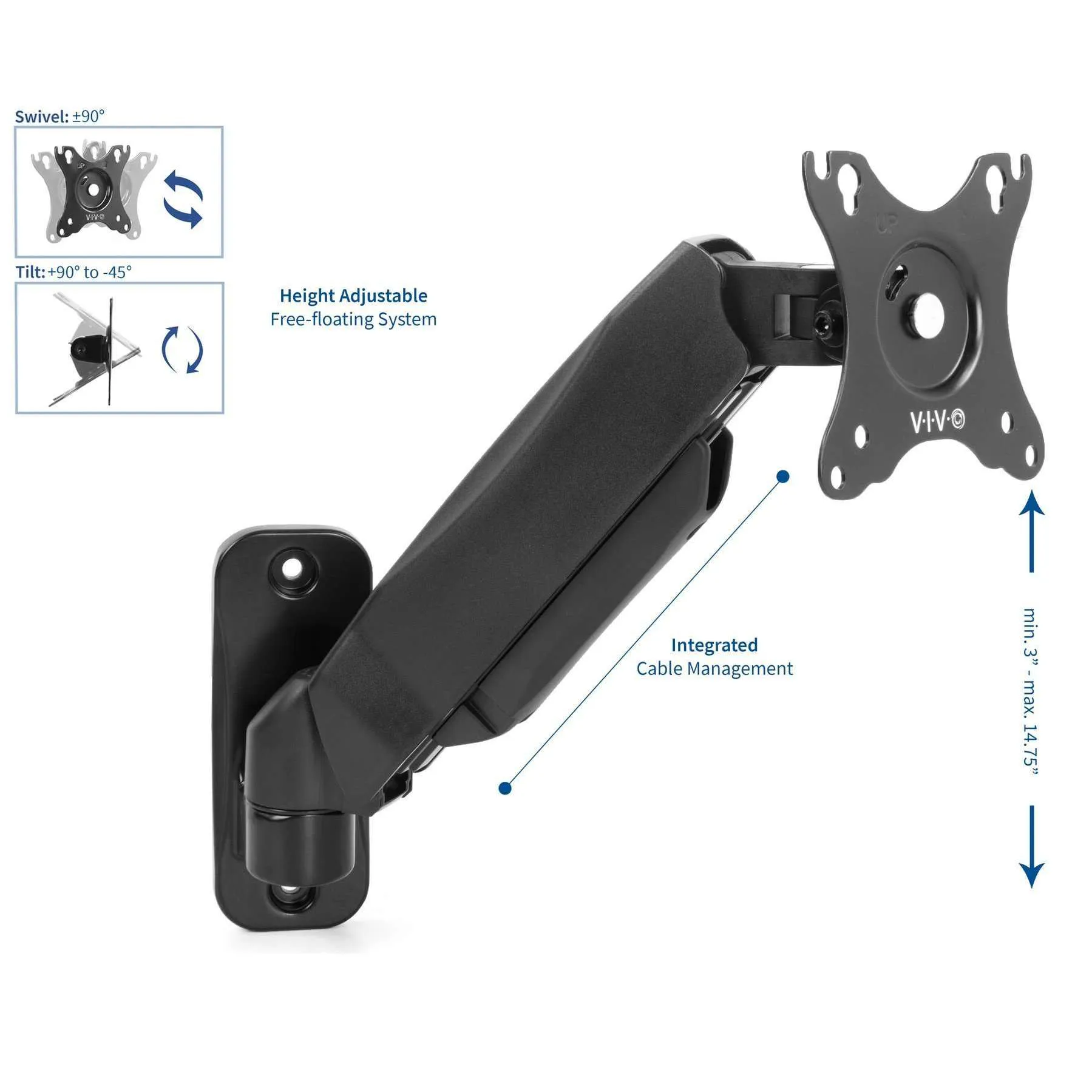 VIVO Pneumatic Arm Single Monitor Wall Mount, MOUNT-V001A