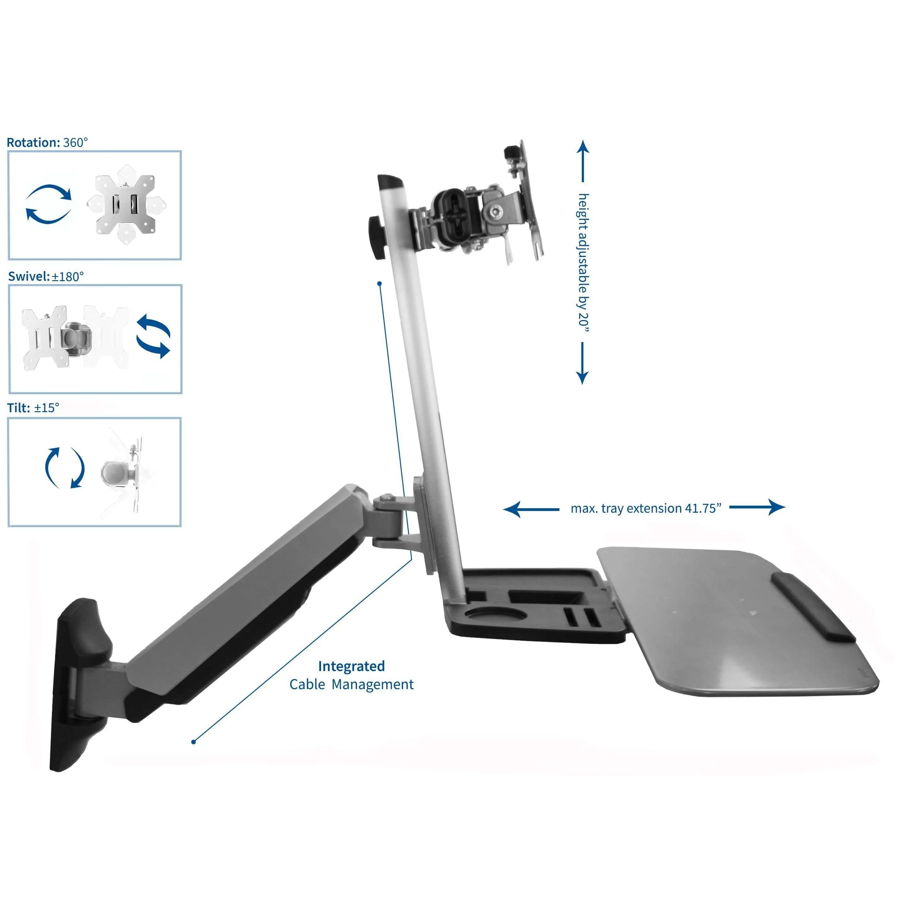 VIVO Silver Sit-to-Stand Dual Monitor Wall-Mount Workstation, STAND-SIT2W