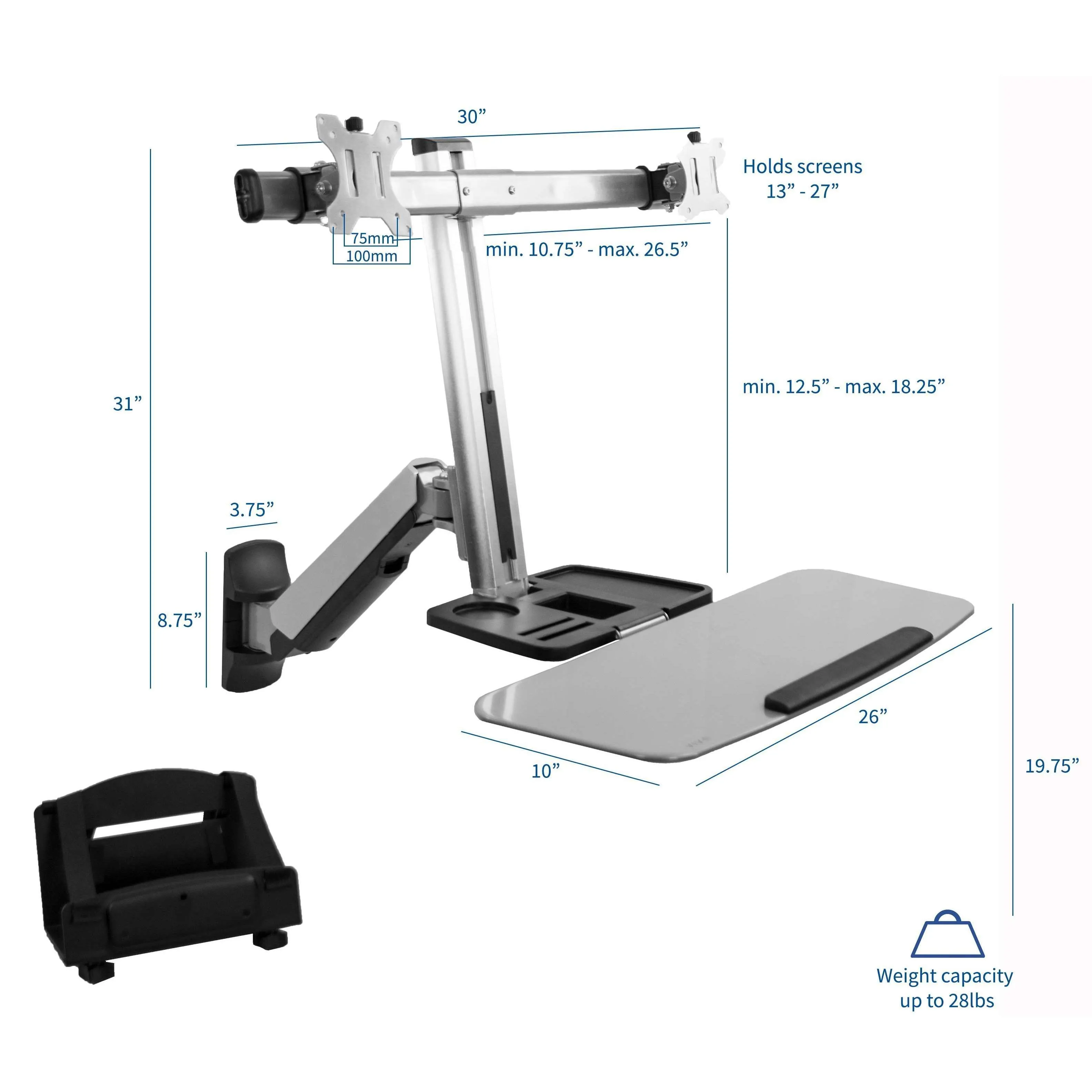 VIVO Silver Sit-to-Stand Dual Monitor Wall-Mount Workstation, STAND-SIT2W