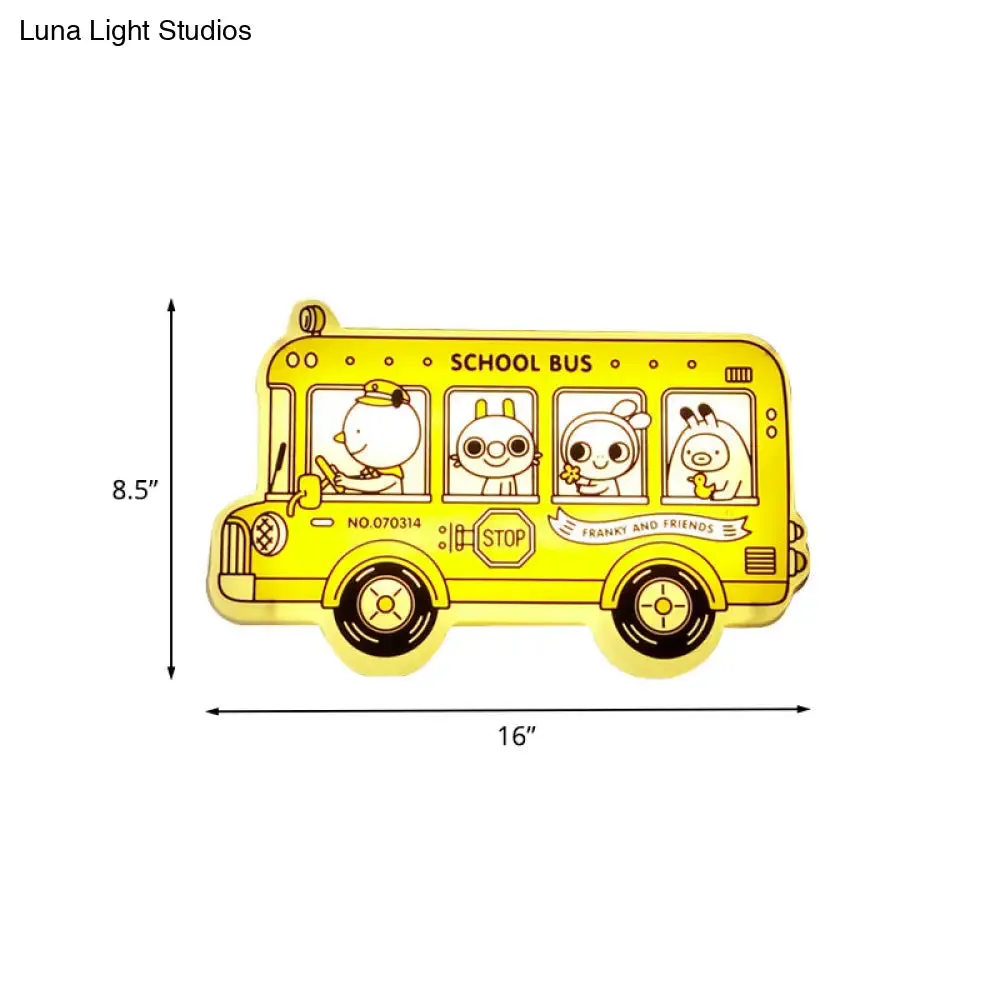 Yellow Bus Sconce Light: Cartoon LED Wall Lamp with Animal Pattern