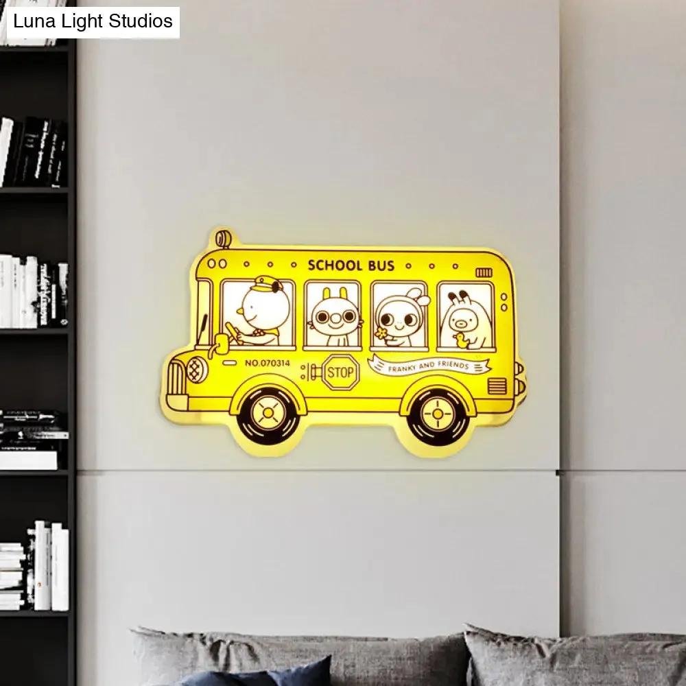 Yellow Bus Sconce Light: Cartoon LED Wall Lamp with Animal Pattern