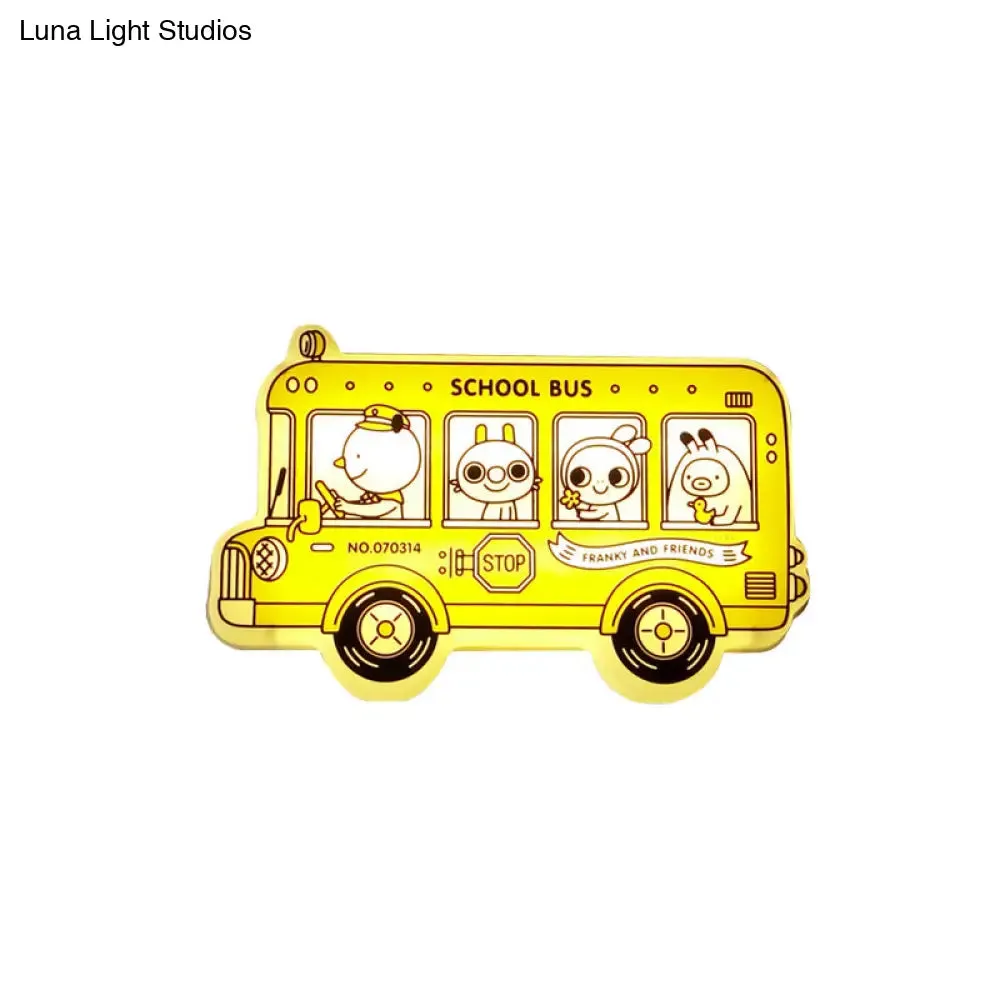 Yellow Bus Sconce Light: Cartoon LED Wall Lamp with Animal Pattern